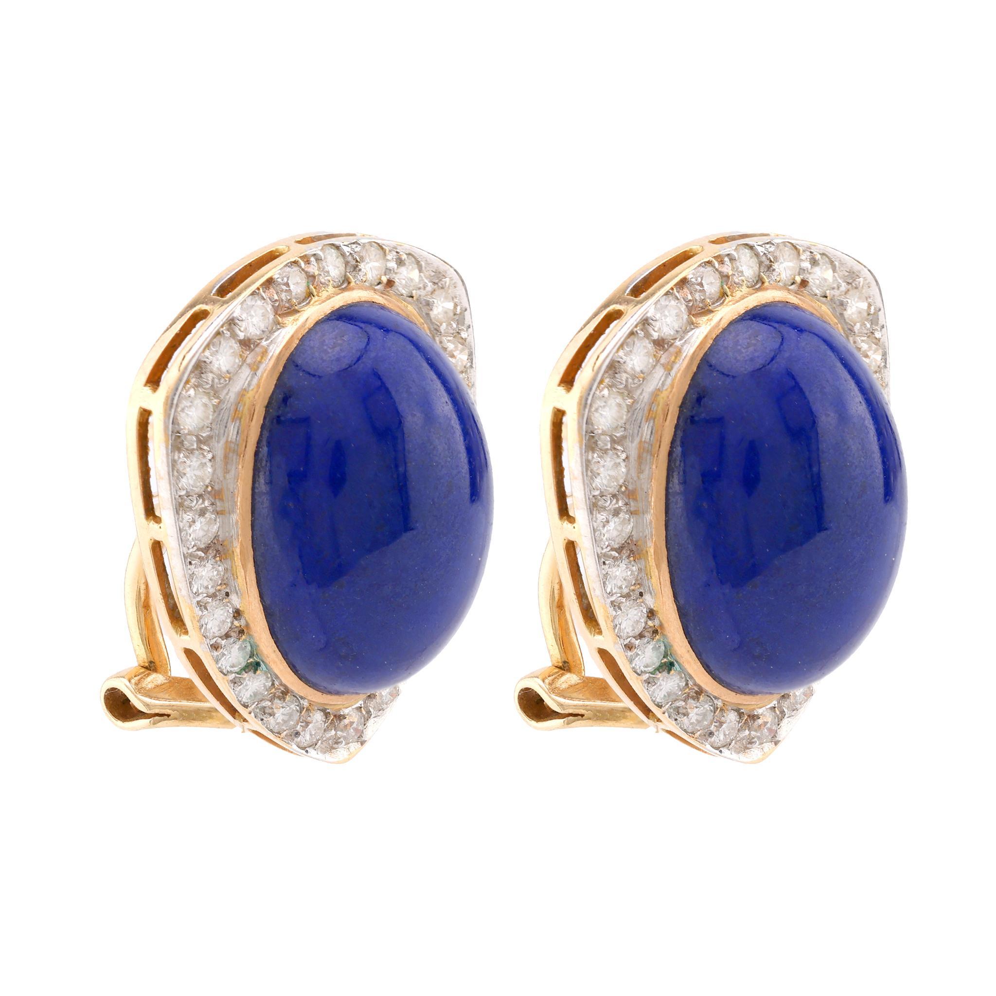 Ohrringe aus 14 Karat Gelbgold mit Lapislazuli und Diamant (Cabochon)