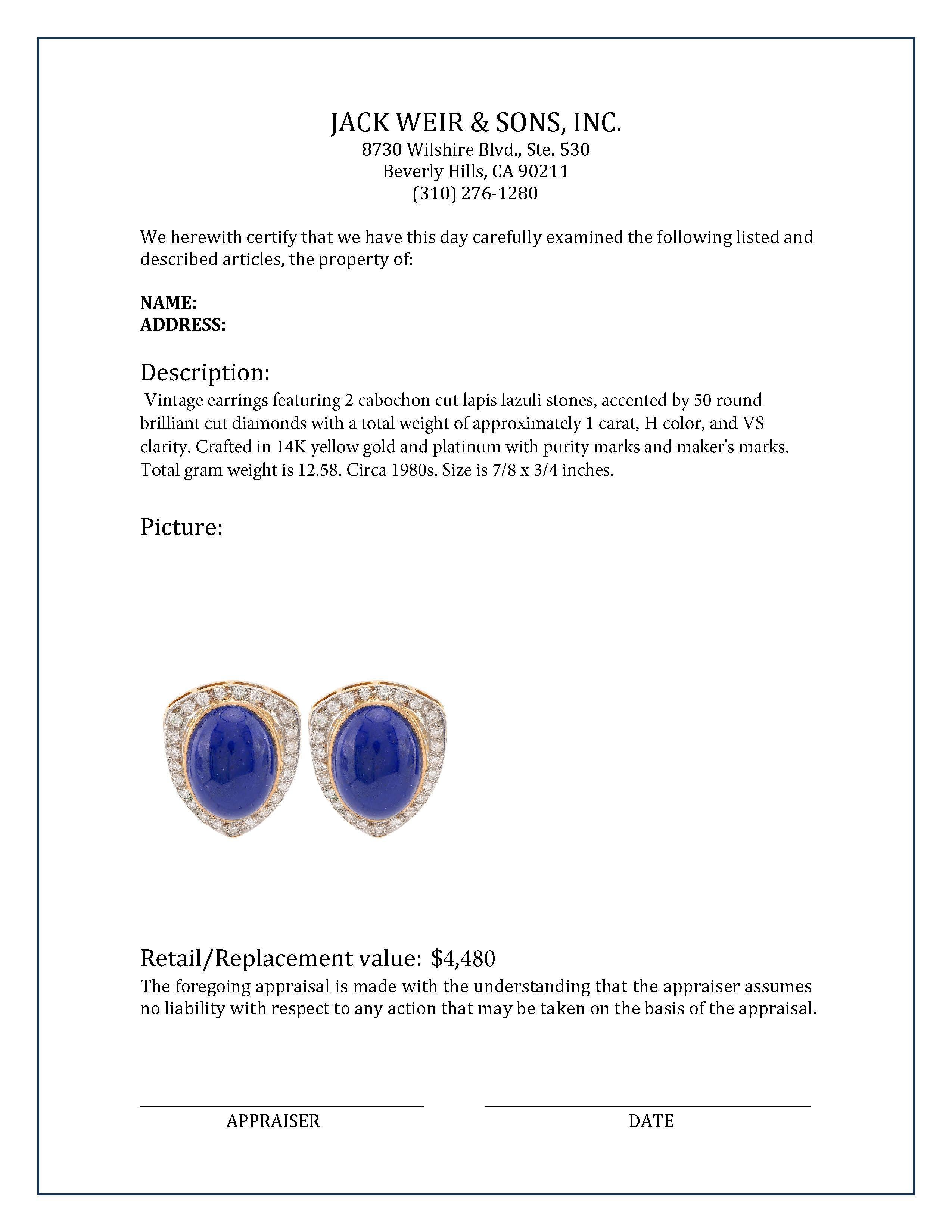 Ohrringe aus 14 Karat Gelbgold mit Lapislazuli und Diamant für Damen oder Herren