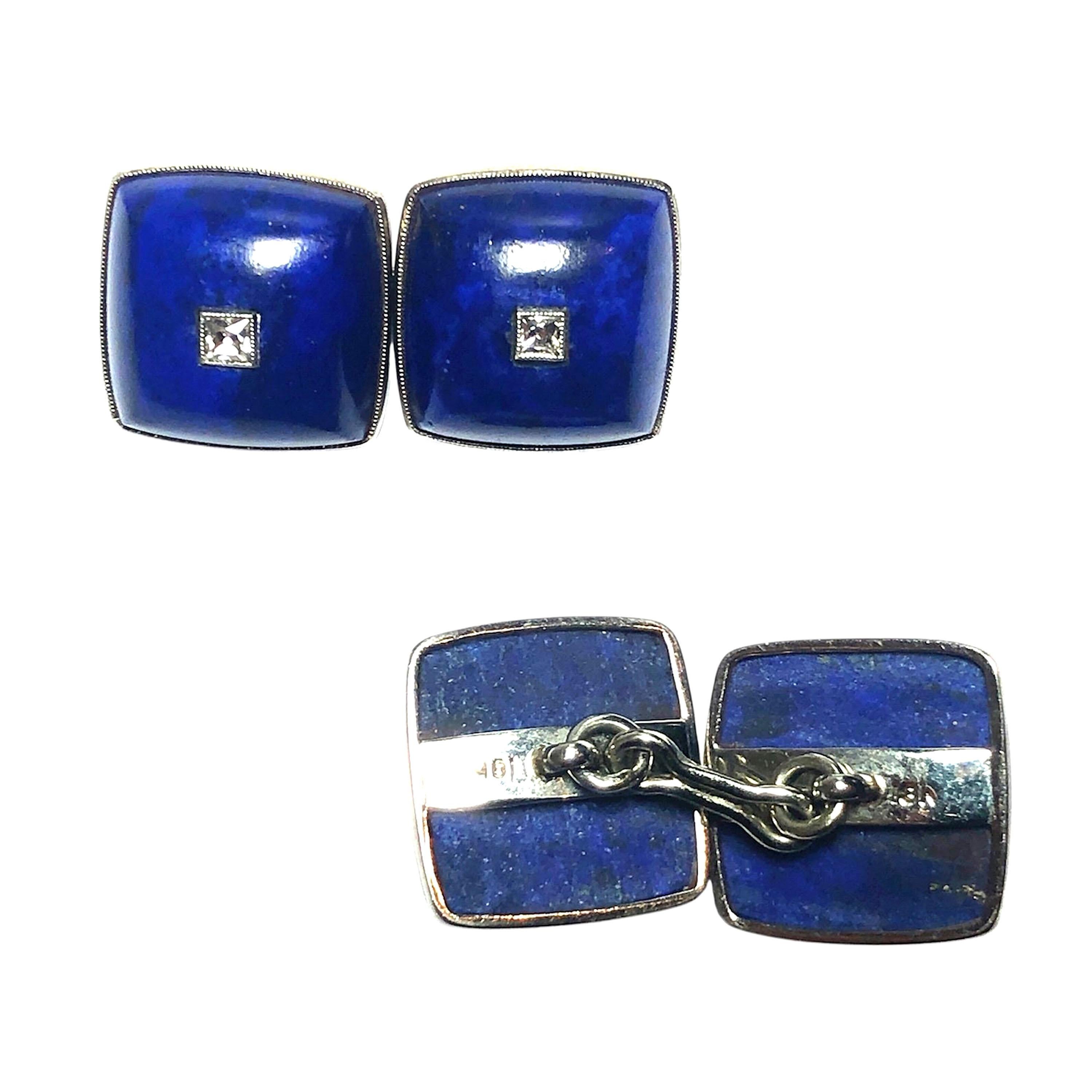 Manschettenknpfe aus Lapislazuli und Diamanten, um 1950 (Carréeschliff) im Angebot