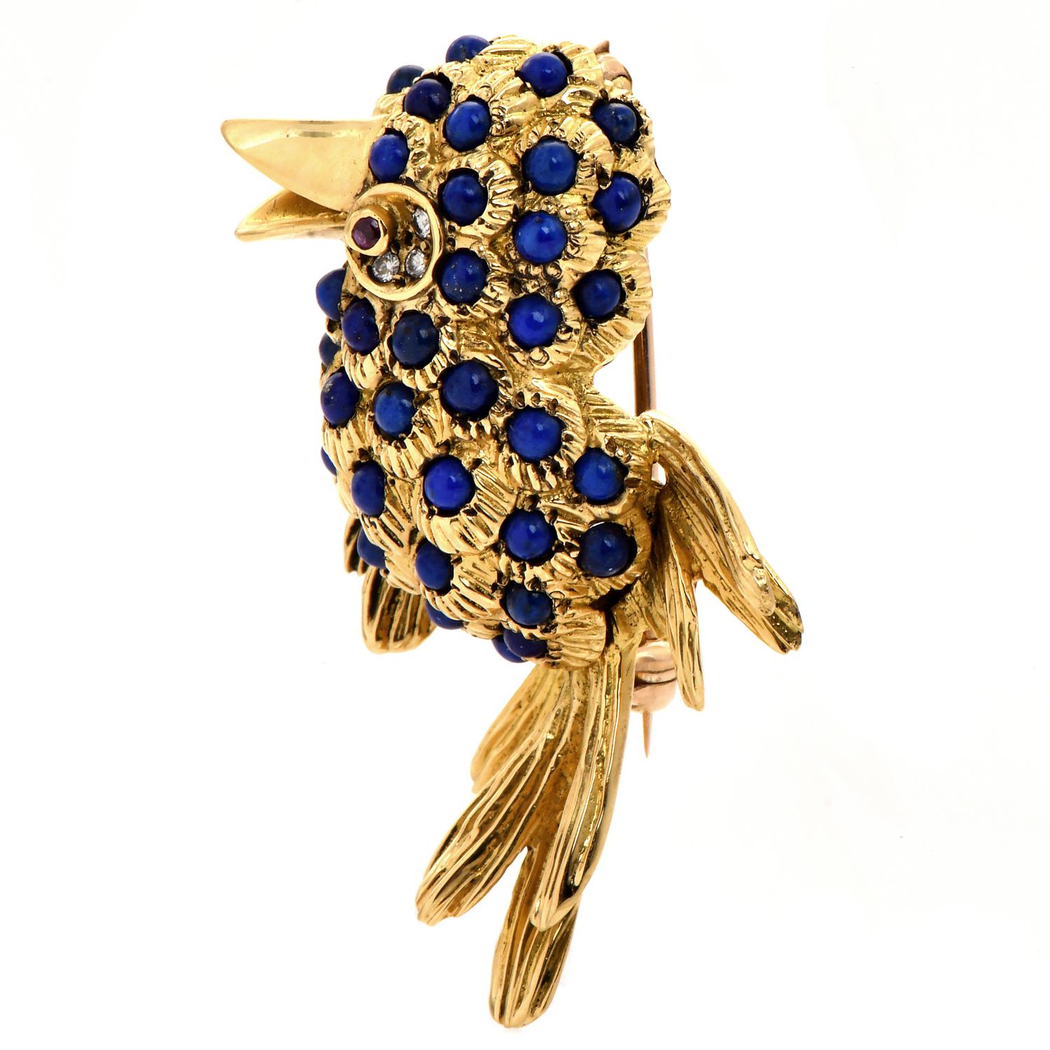 Retro Vintage Lapis Lazuli Diamond Ruby 18k Yellow Gold Bird Textured Brooch For Sale