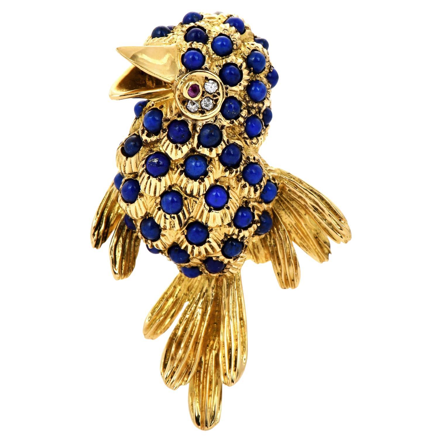 Vintage Lapis Lazuli Diamond Ruby 18k Yellow Gold Bird Textured Brooch For Sale