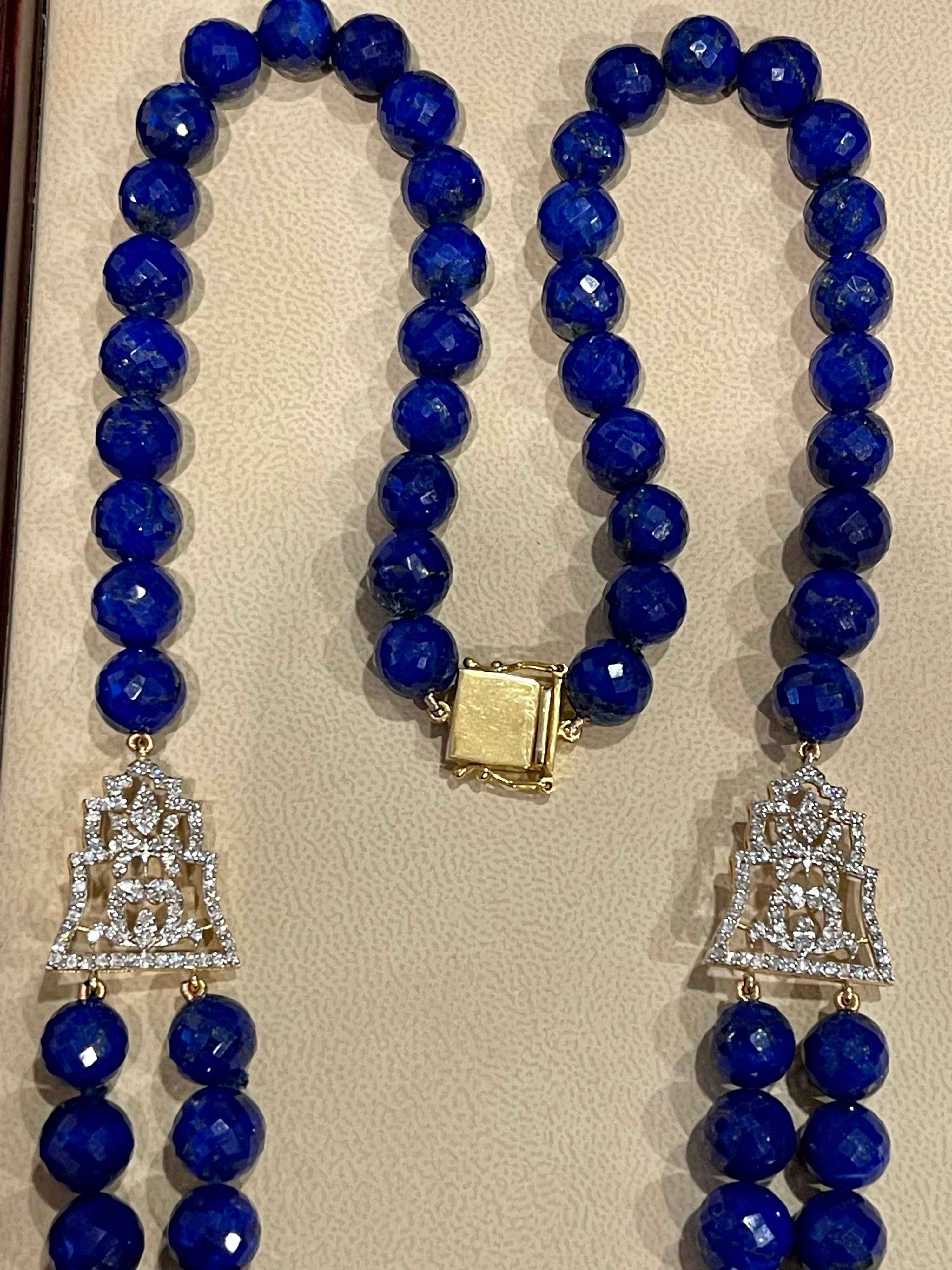 Vintage Lapis Lazuli Double Strand Diamond Necklace 14 Kt Yellow Gold Clasp For Sale 5