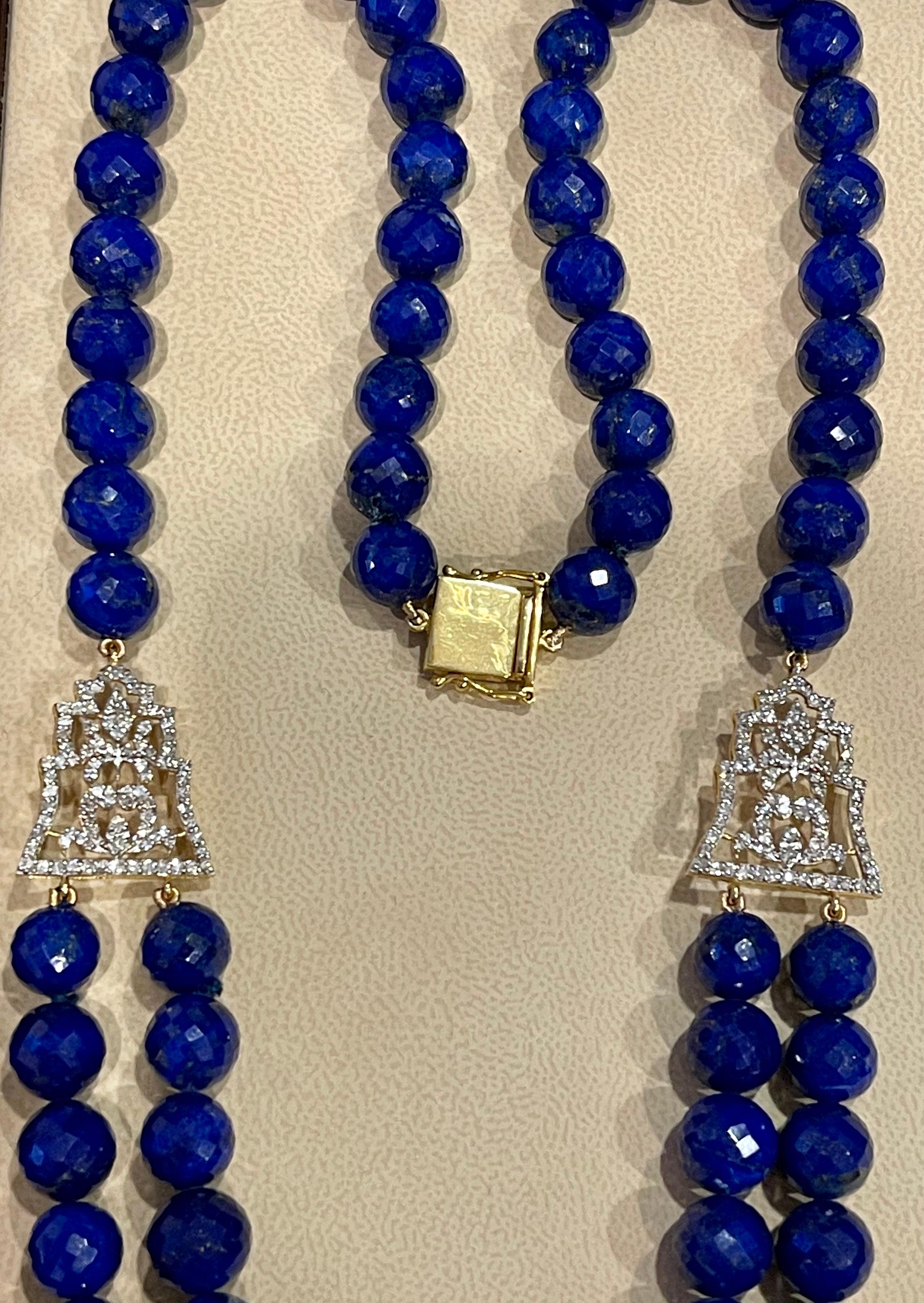 Vintage Lapis Lazuli Double Strand Diamond Necklace 14 Kt Yellow Gold Clasp For Sale 7