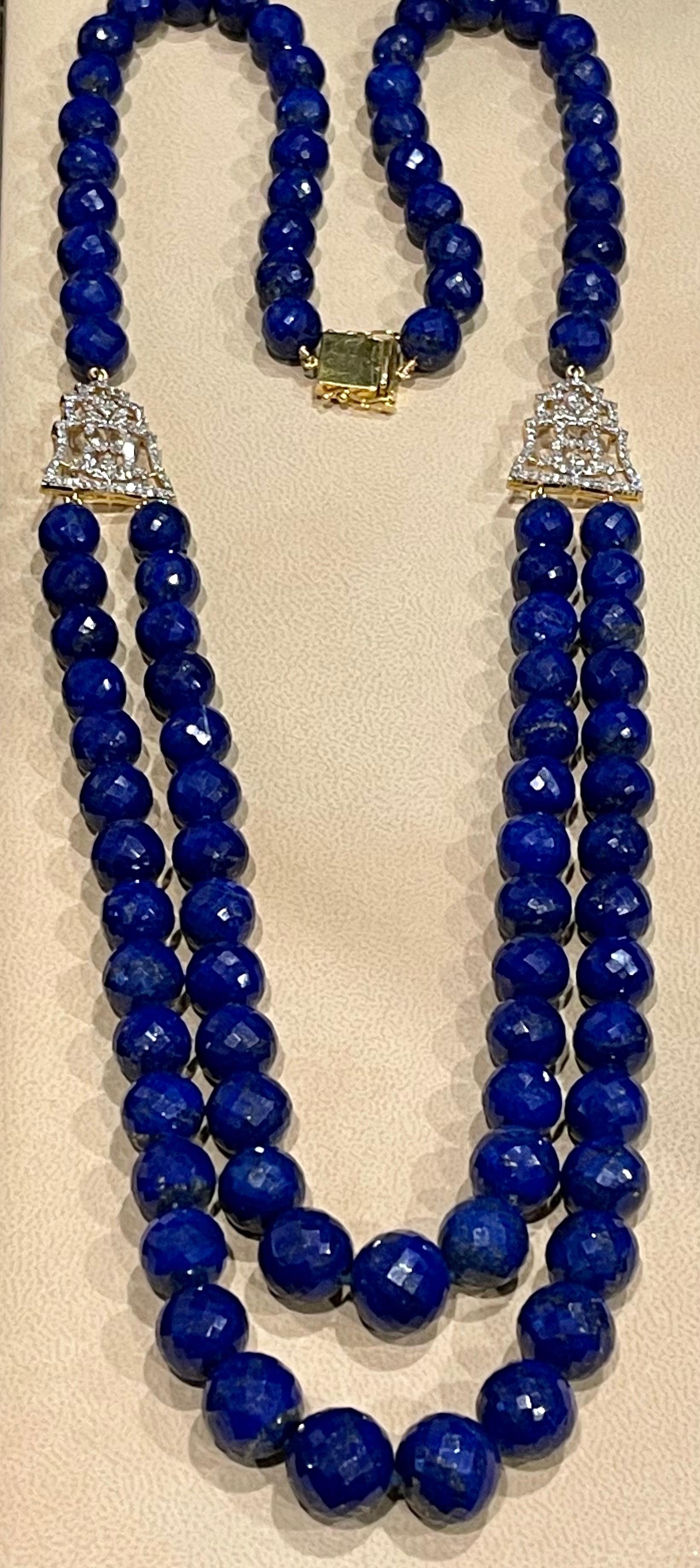 Vintage Lapis Lazuli Double Strand Diamond Necklace 14 Kt Yellow Gold Clasp For Sale 8