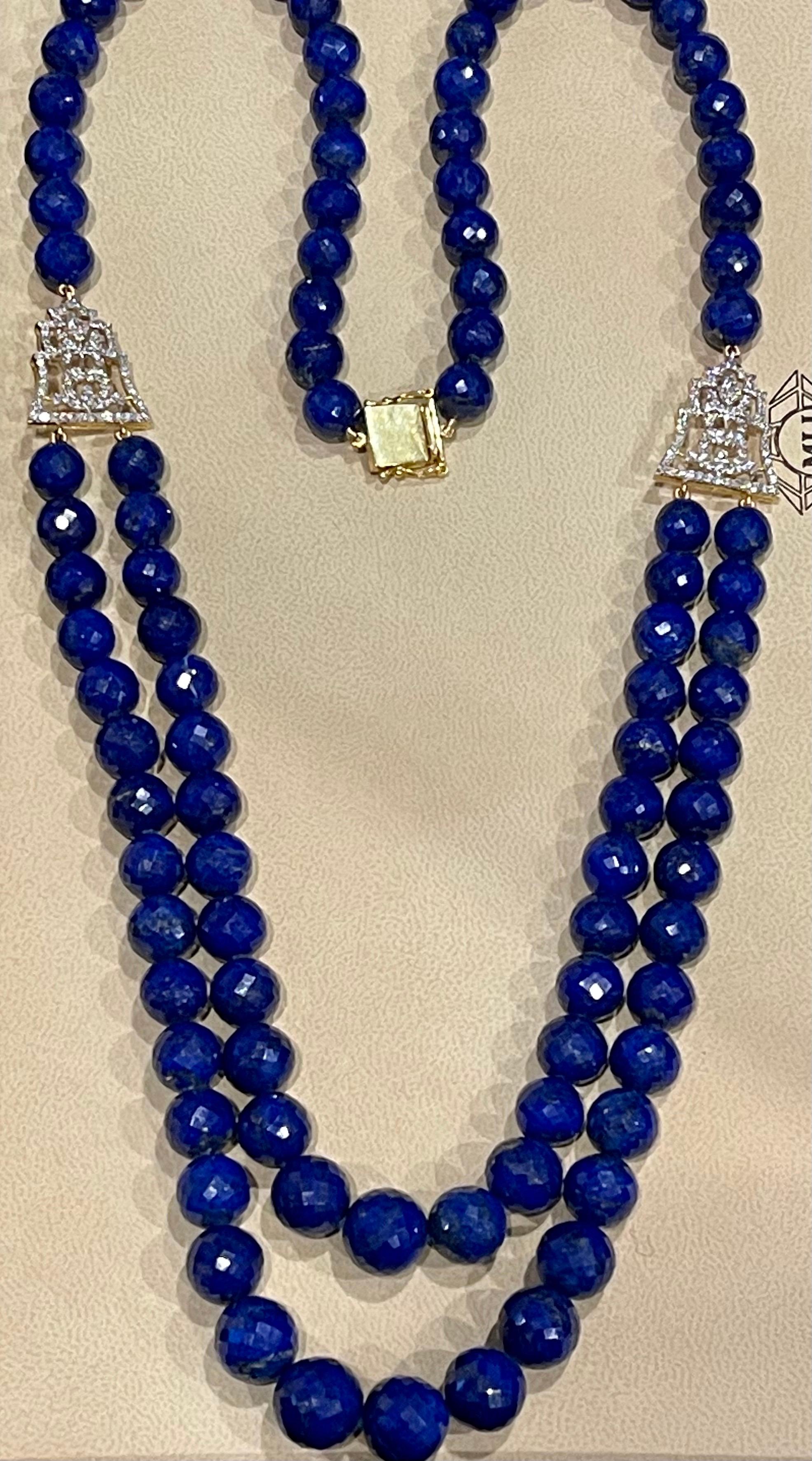 Vintage Lapis Lazuli Double Strand Diamond Necklace 14 Kt Yellow Gold Clasp For Sale 10