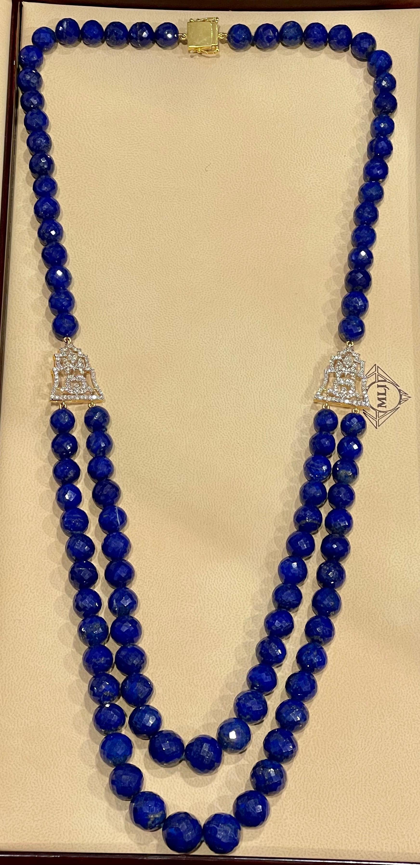 Vintage Lapis Lazuli Double Strand Diamond Necklace 14 Kt Yellow Gold Clasp For Sale 12