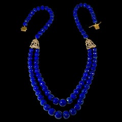 Vintage Lapis Lazuli Double Strand Diamond Necklace 14 Kt Yellow Gold Clasp