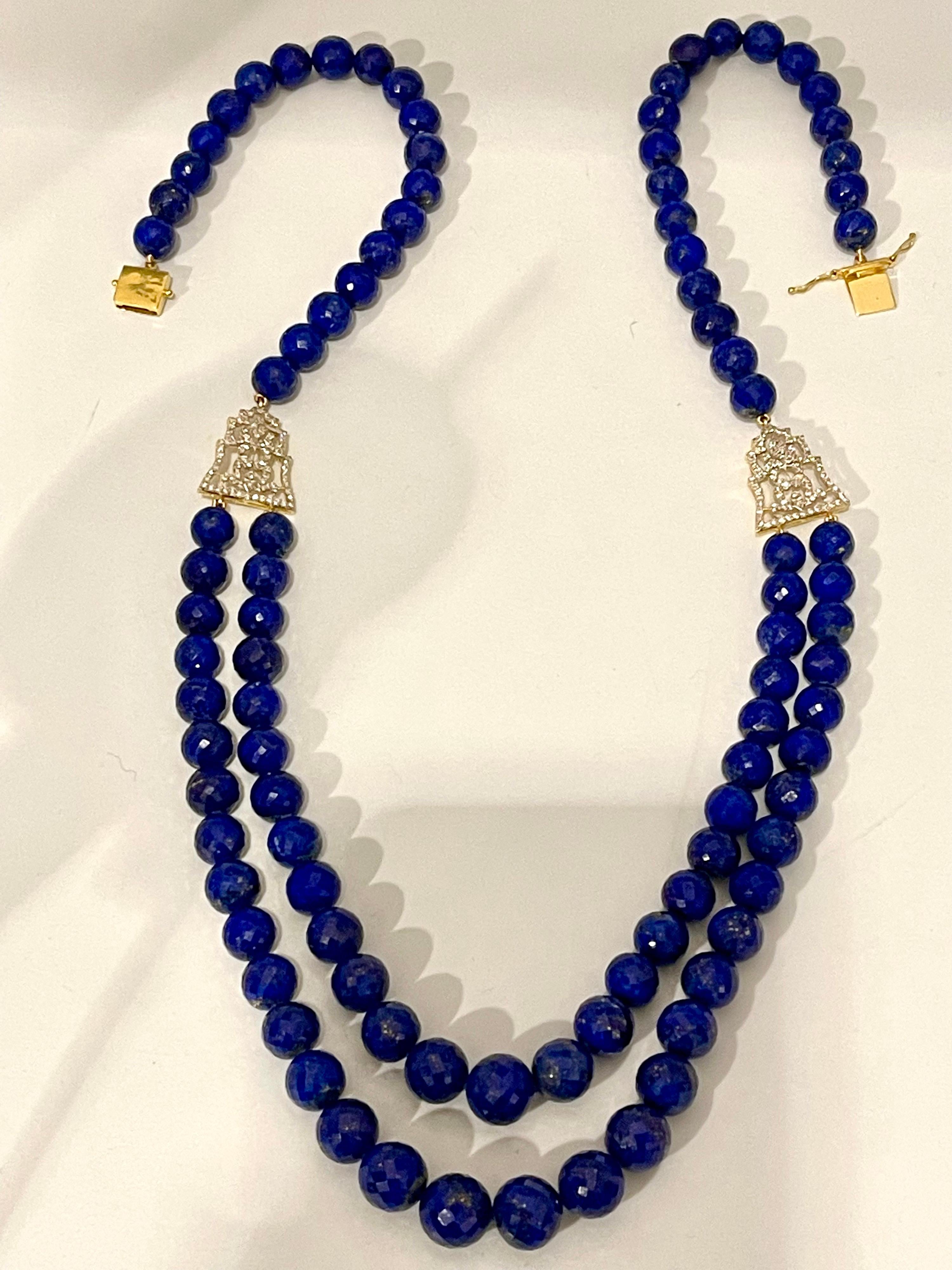 Vintage Lapis Lazuli Double Strand Diamond Necklace 14 Kt Yellow Gold Clasp In Excellent Condition For Sale In New York, NY