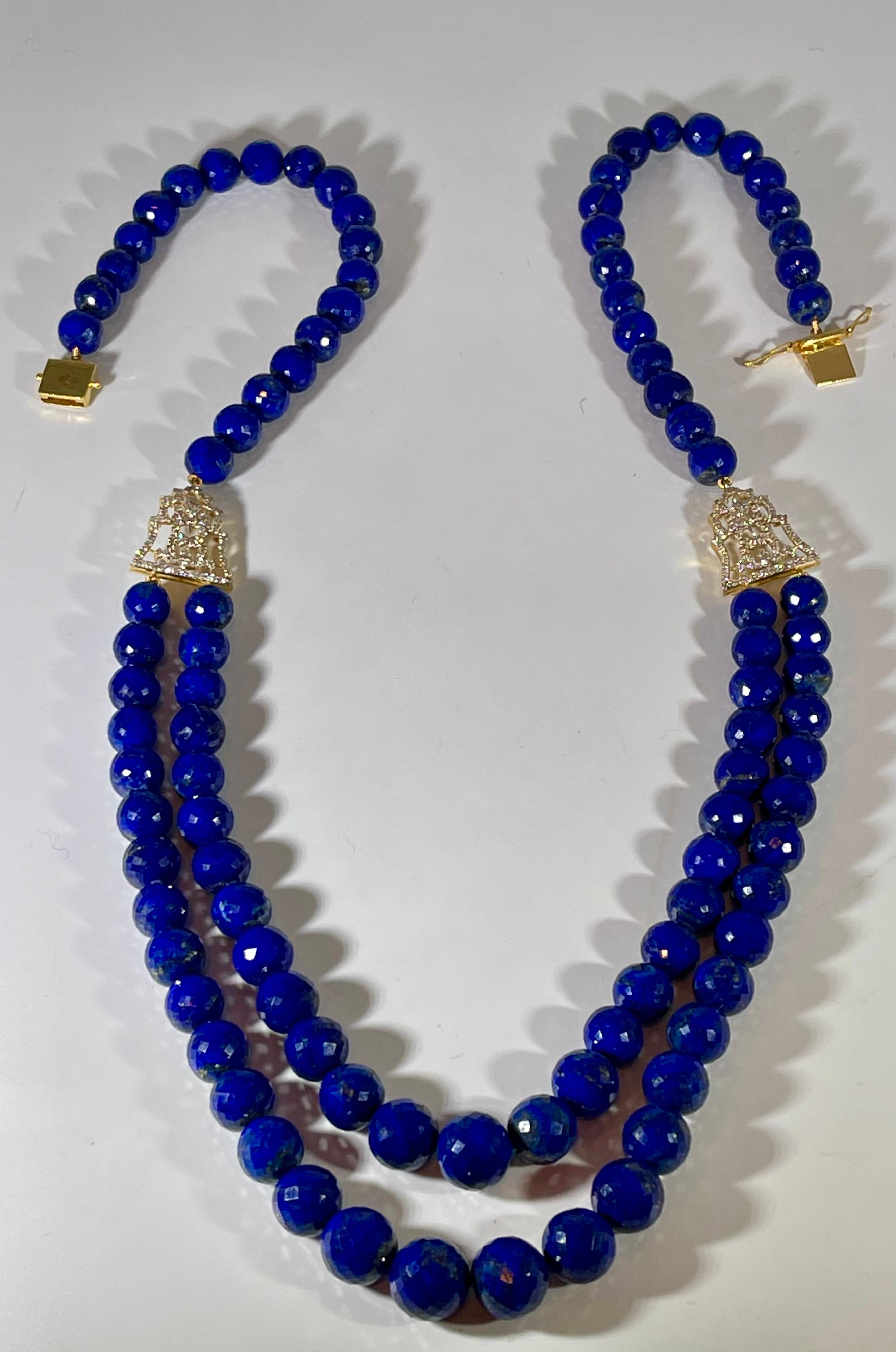 Women's Vintage Lapis Lazuli Double Strand Diamond Necklace 14 Kt Yellow Gold Clasp For Sale