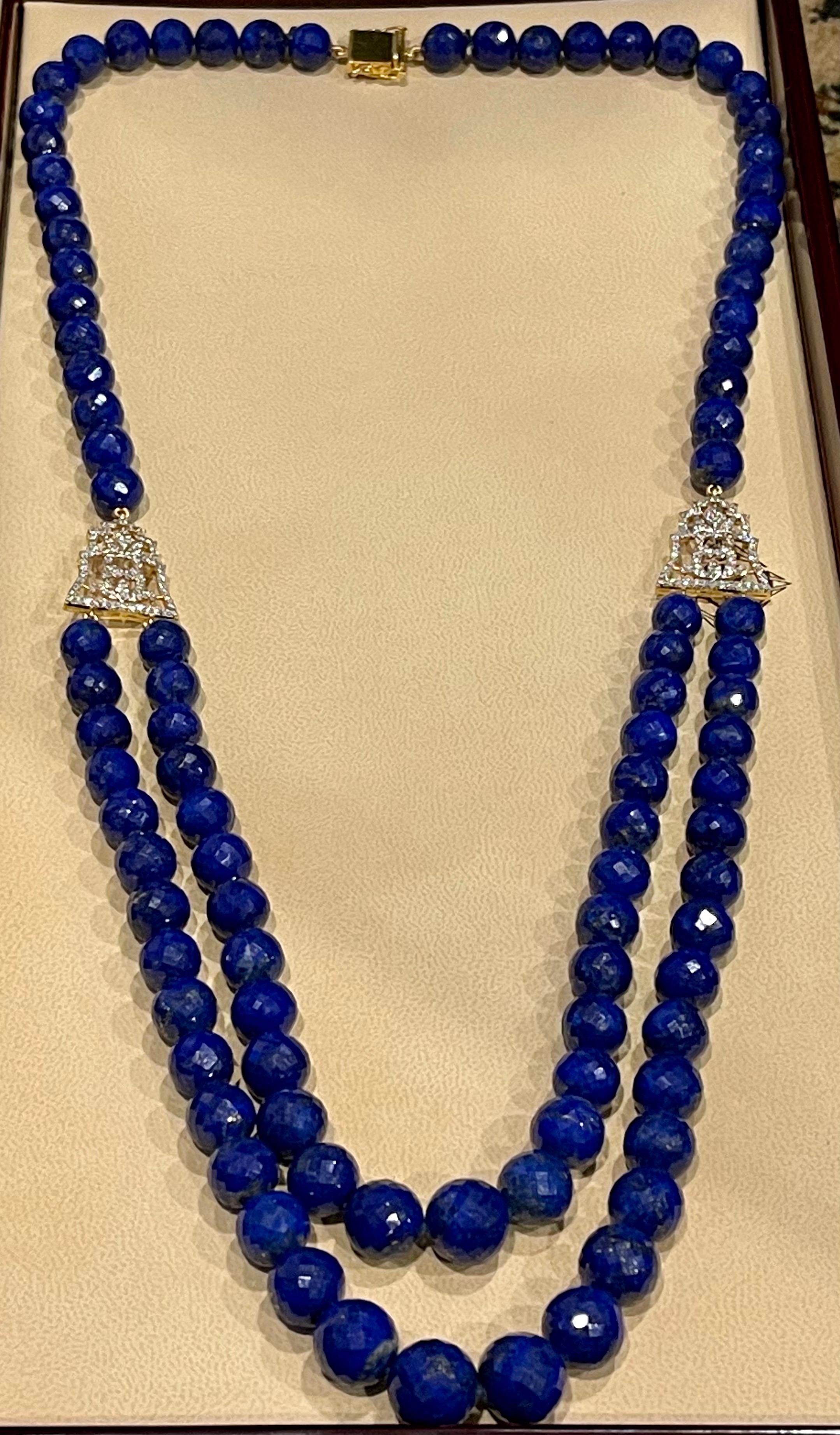 Vintage Lapis Lazuli Double Strand Diamond Necklace 14 Kt Yellow Gold Clasp For Sale 4