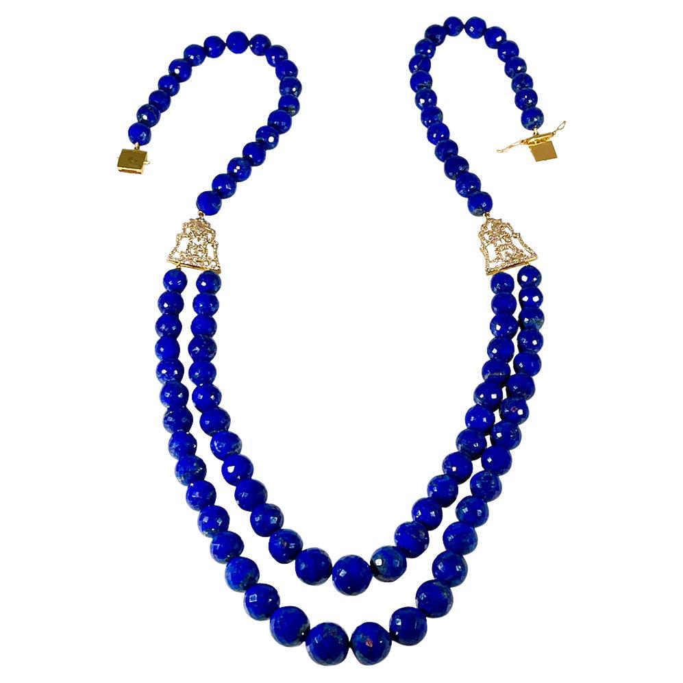 Vintage Lapis Lazuli Double Strand Diamond Necklace 14 Kt Yellow Gold Clasp For Sale