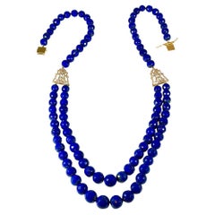 Vintage Lapis Lazuli Double Strand Diamond Necklace 14 Kt Yellow Gold Clasp