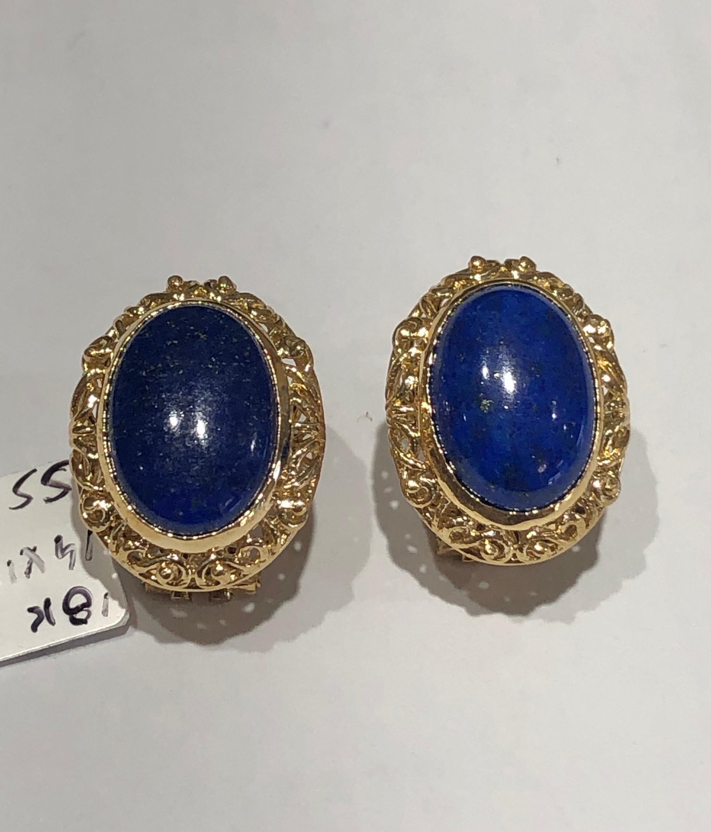 Boucles d'oreilles vintage en or jaune 18 carats et lapis-lazuli en vente 3