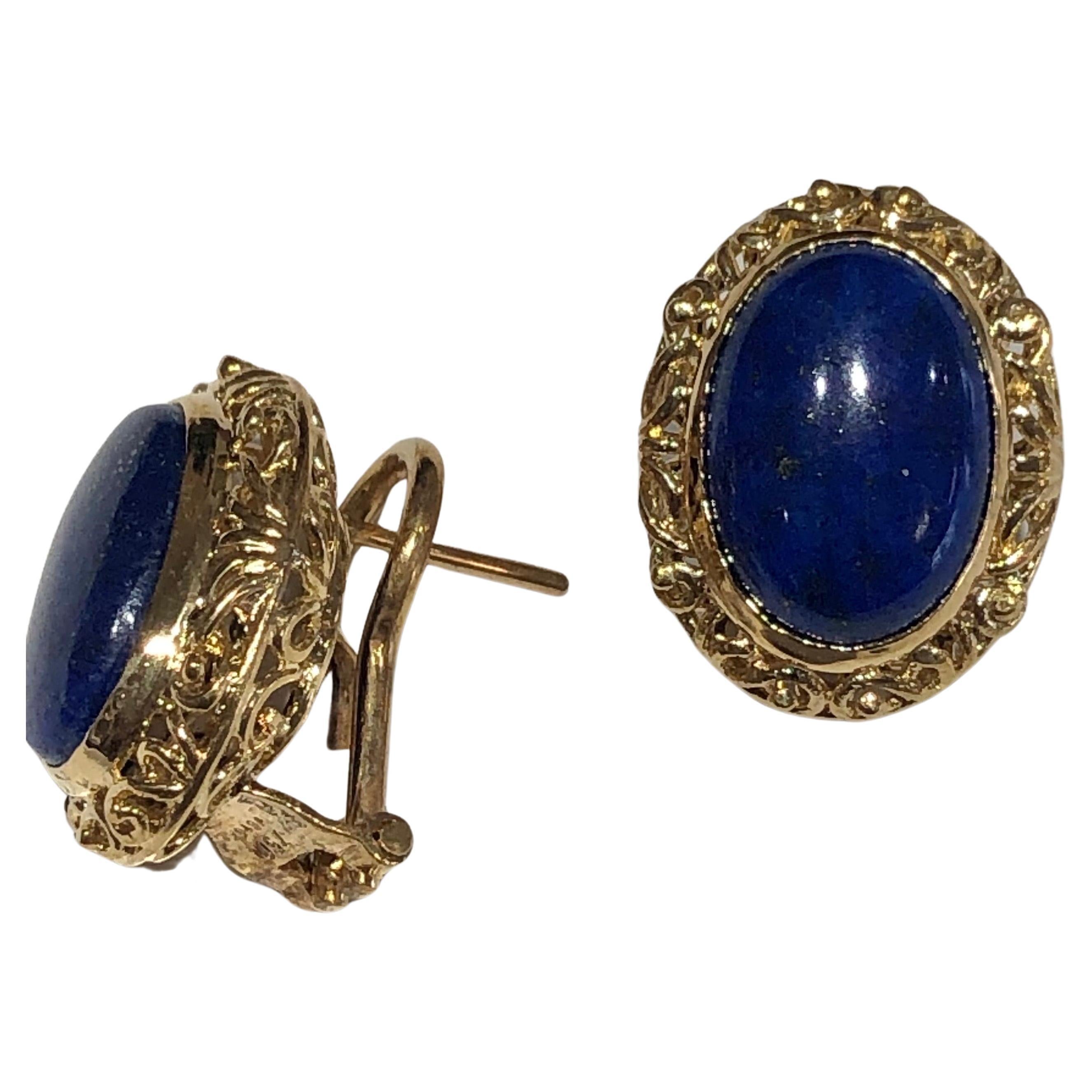 Boucles d'oreilles vintage en or jaune 18 carats et lapis-lazuli en vente