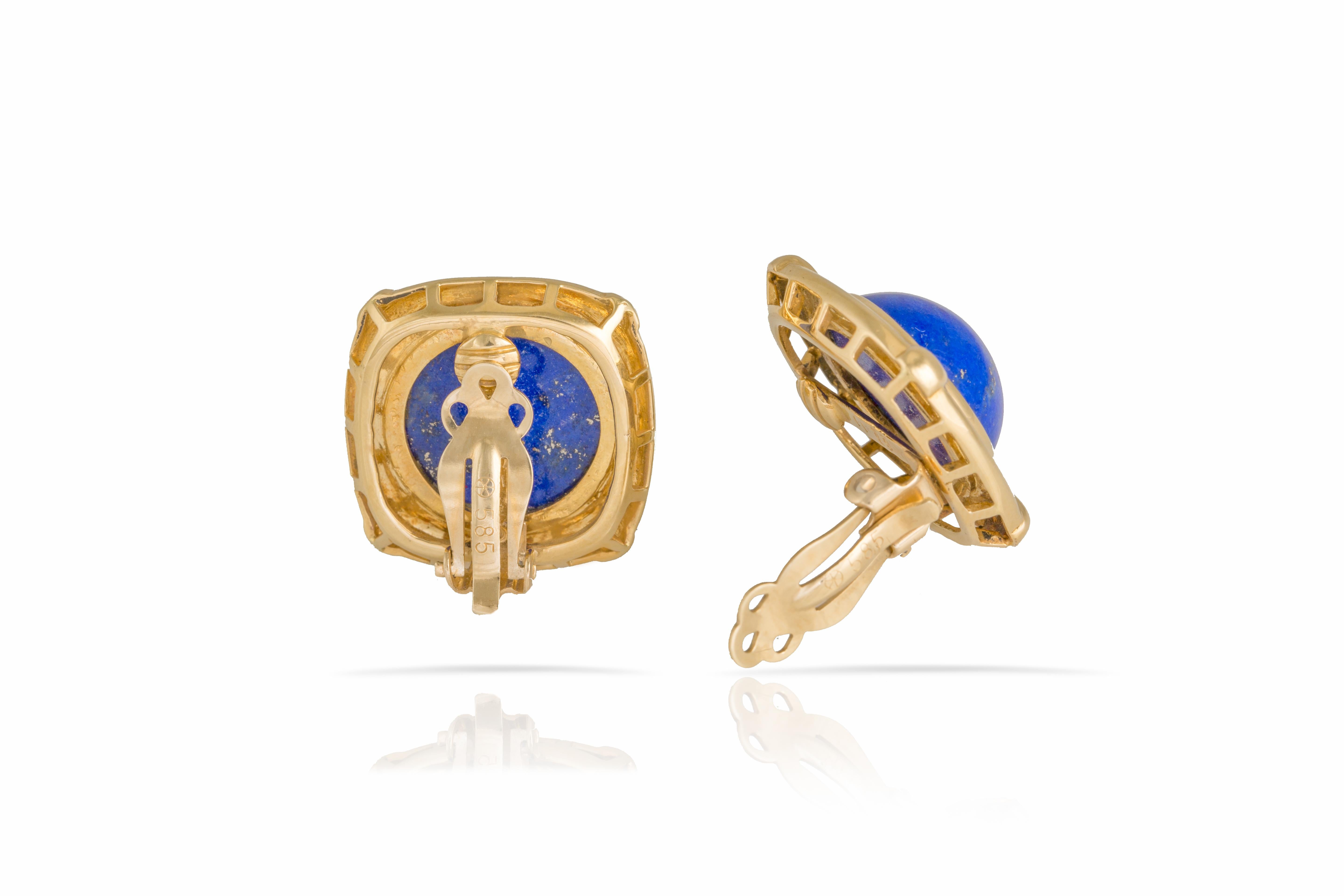 Cabochon Vintage Lapis Lazuli Earrings in 18 Carat Gold Square Frames