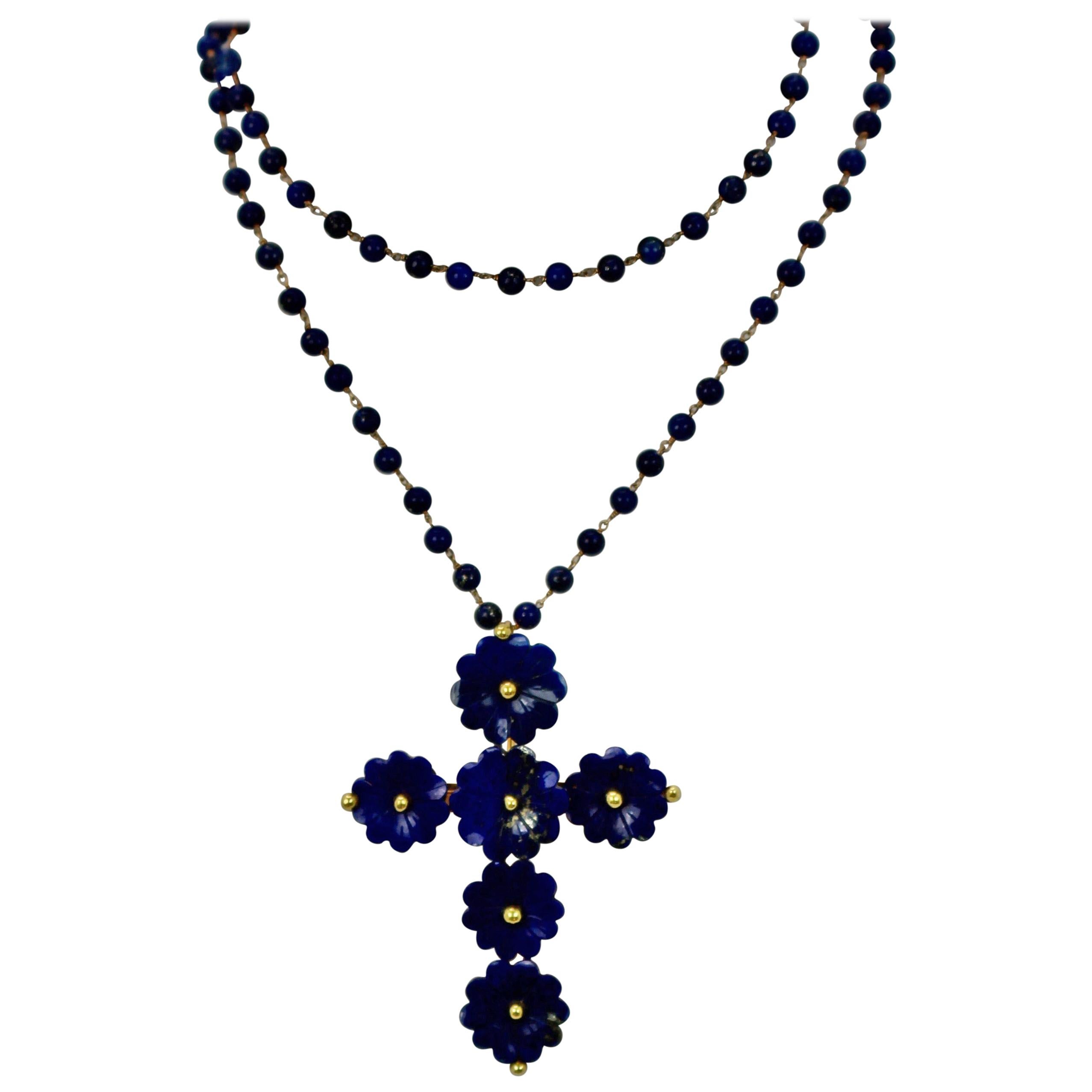 Vintage Lapis Lazuli Flower Cross Pendant Brooch 18 Karat Gold Bead Necklace