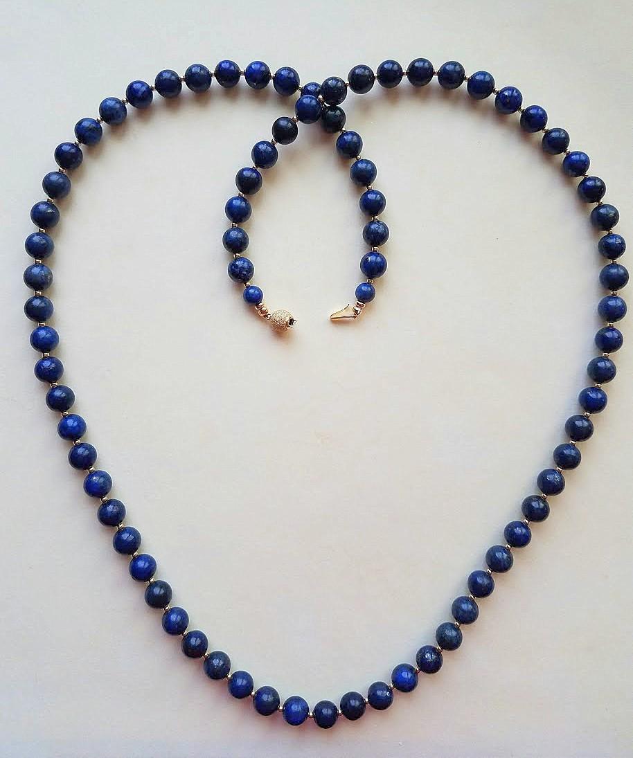 Vintage Lapis Lazuli Long Necklace With Gold Clasp In Excellent Condition In Chesterland, OH