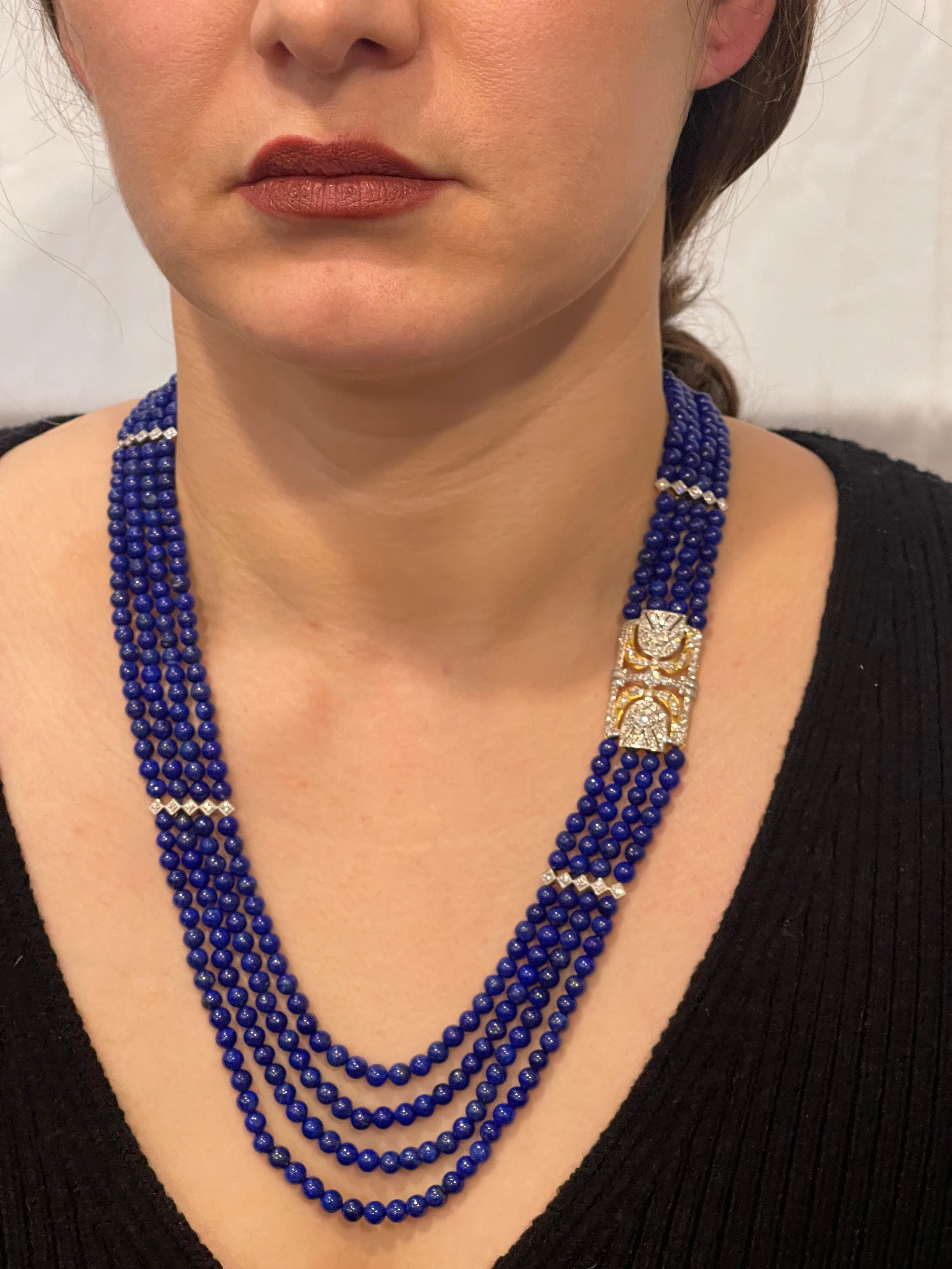 Vintage Lapis Lazuli Multi Strand Diamond Necklace 14 Kt Yellow Gold Clasp 5