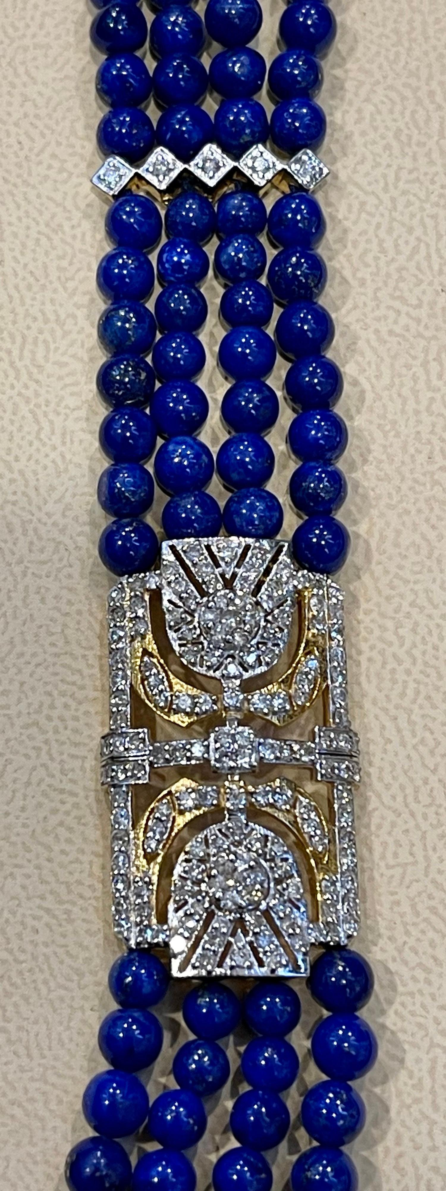 Vintage Lapis Lazuli Multi Strand Diamond Necklace 14 Kt Yellow Gold Clasp 6