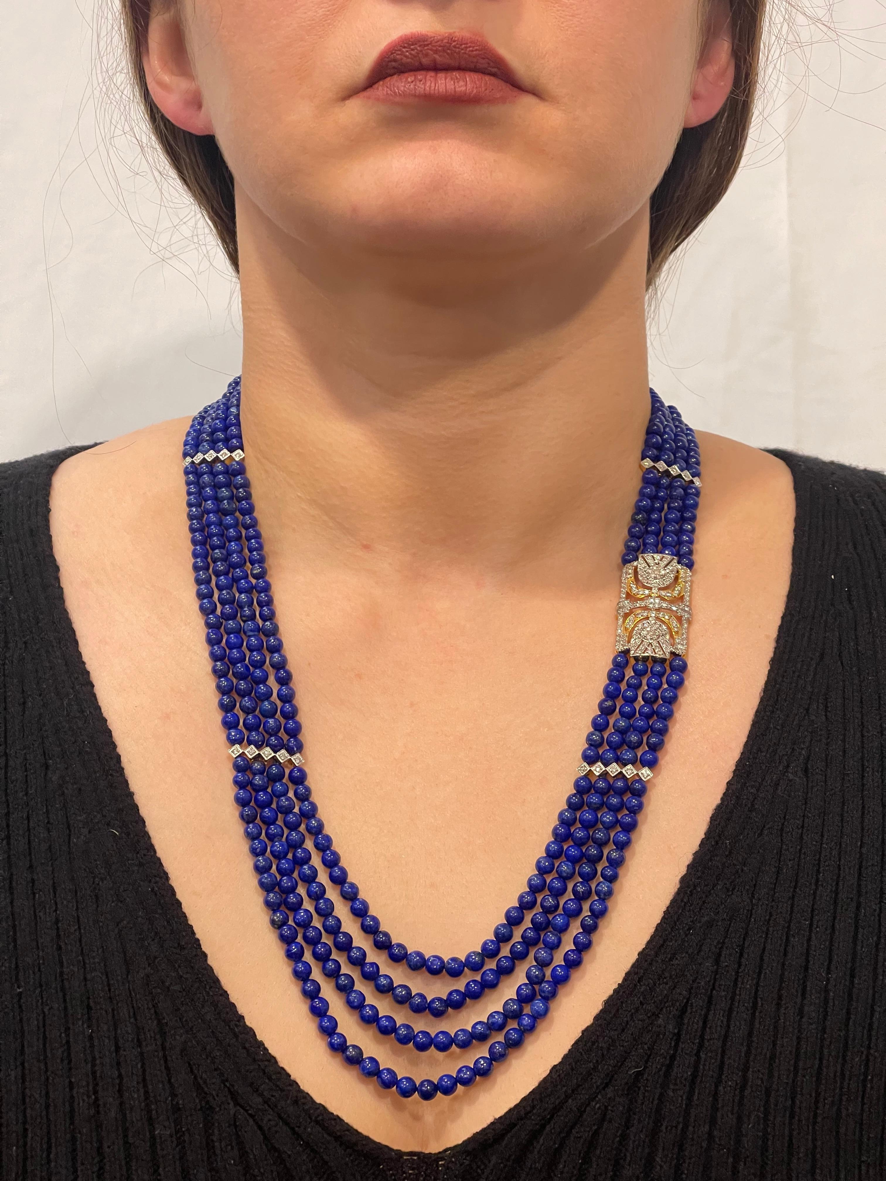 Vintage Lapis Lazuli Multi Strand Diamond Necklace 14 Kt Yellow Gold Clasp 7