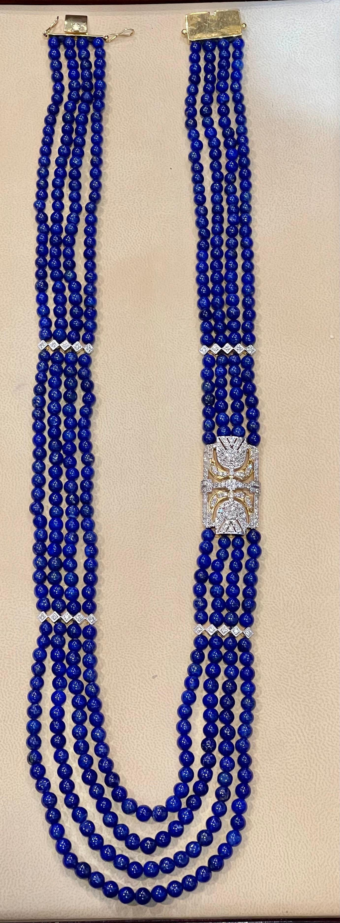 Vintage Lapis Lazuli Multi Strand Diamond Necklace 14 Kt Yellow Gold Clasp 8