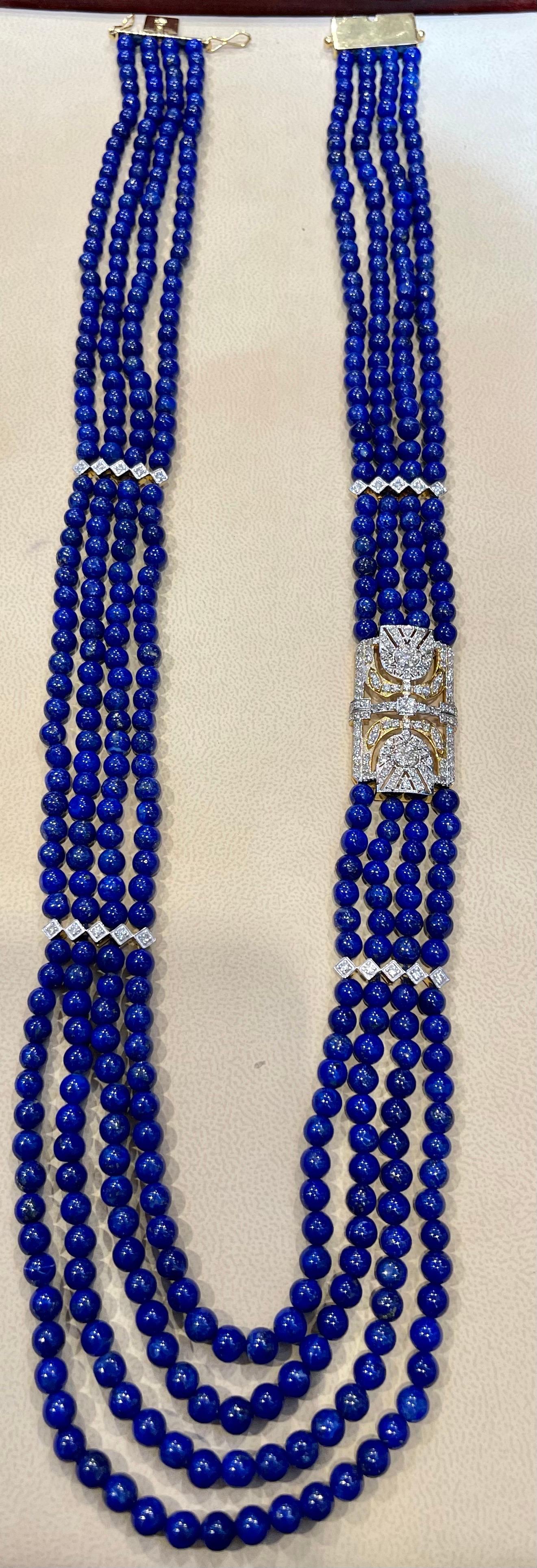 Vintage Lapis Lazuli Multi Strand Diamond Necklace 14 Kt Yellow Gold Clasp 9