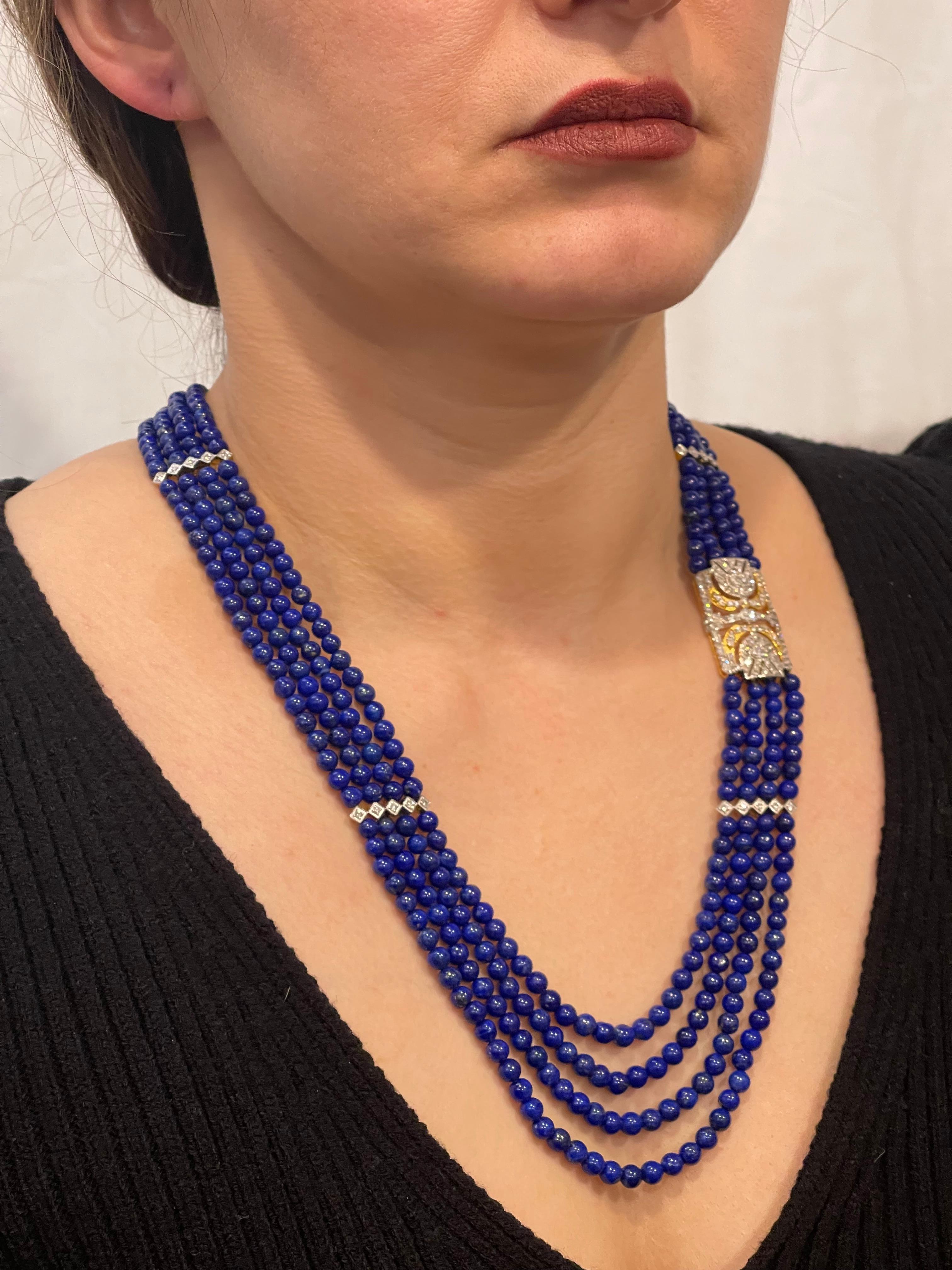 Vintage Lapis Lazuli Multi Strand Diamond Necklace 14 Kt Yellow Gold Clasp 10