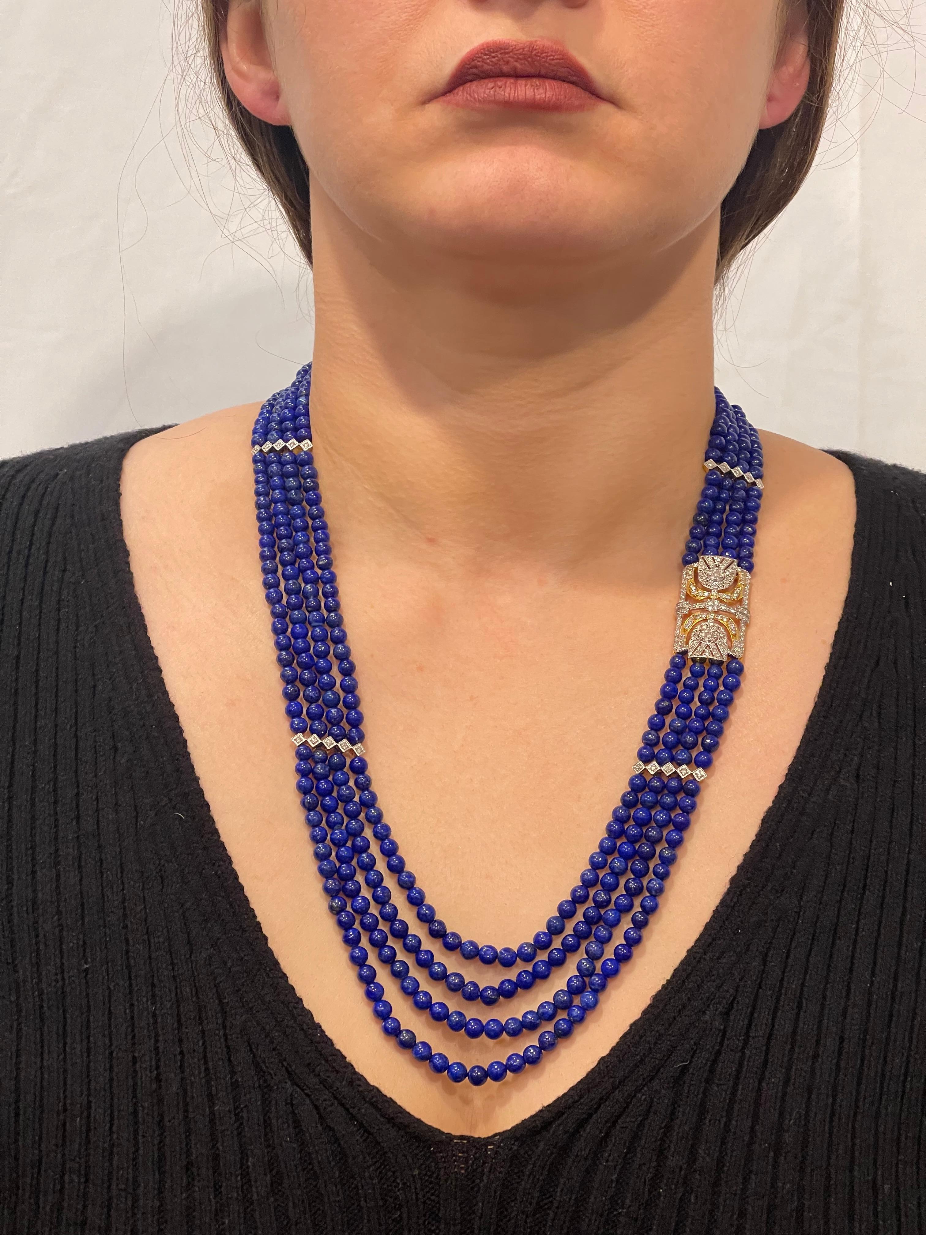 Vintage Lapis Lazuli Multi Strand Diamond Necklace 14 Kt Yellow Gold Clasp 11