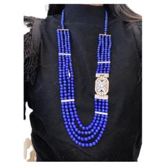 Vintage Lapis Lazuli Multi Strand Diamond Necklace 14 Kt Yellow Gold Clasp