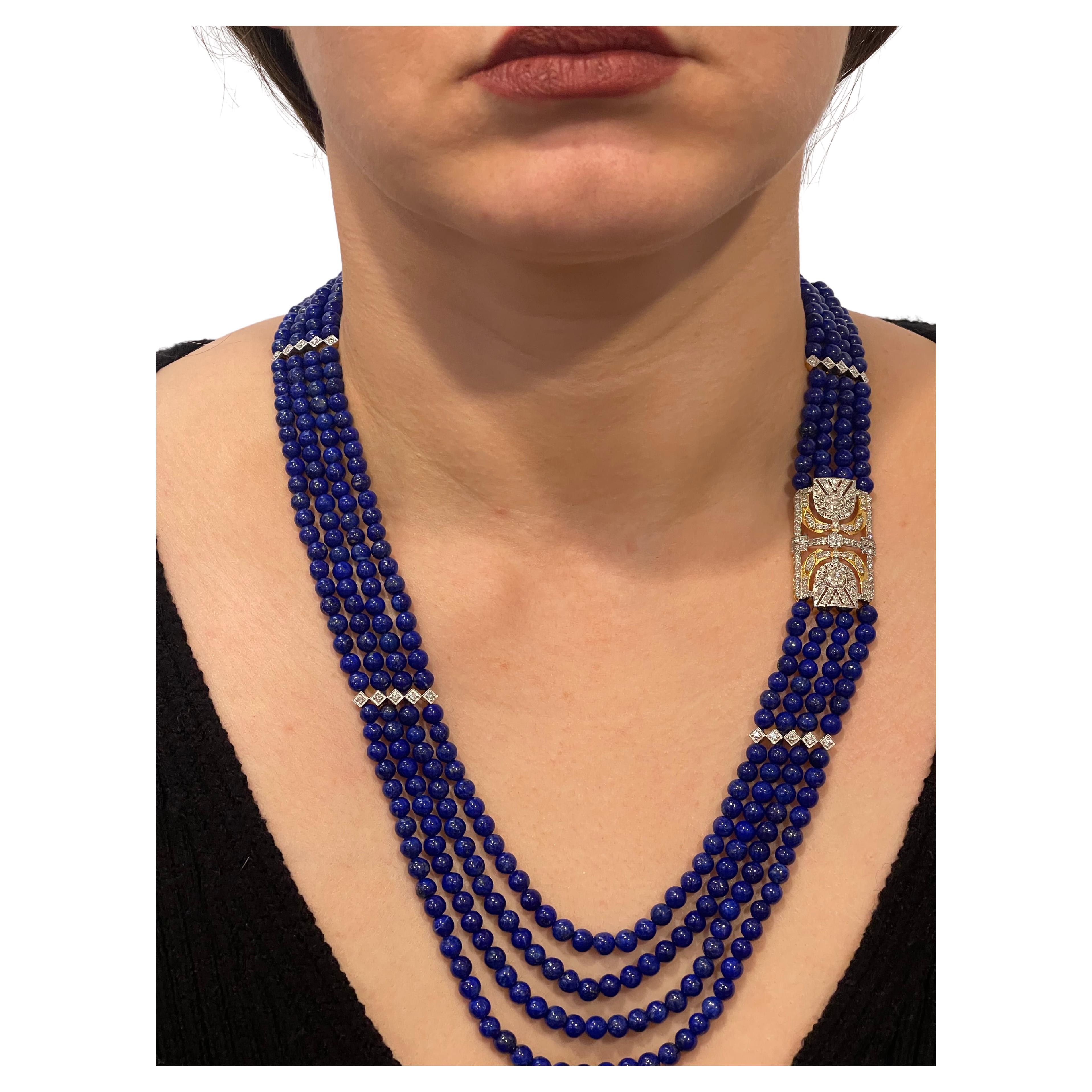 Round Cut Vintage Lapis Lazuli Multi Strand Diamond Necklace 14 Kt Yellow Gold Clasp