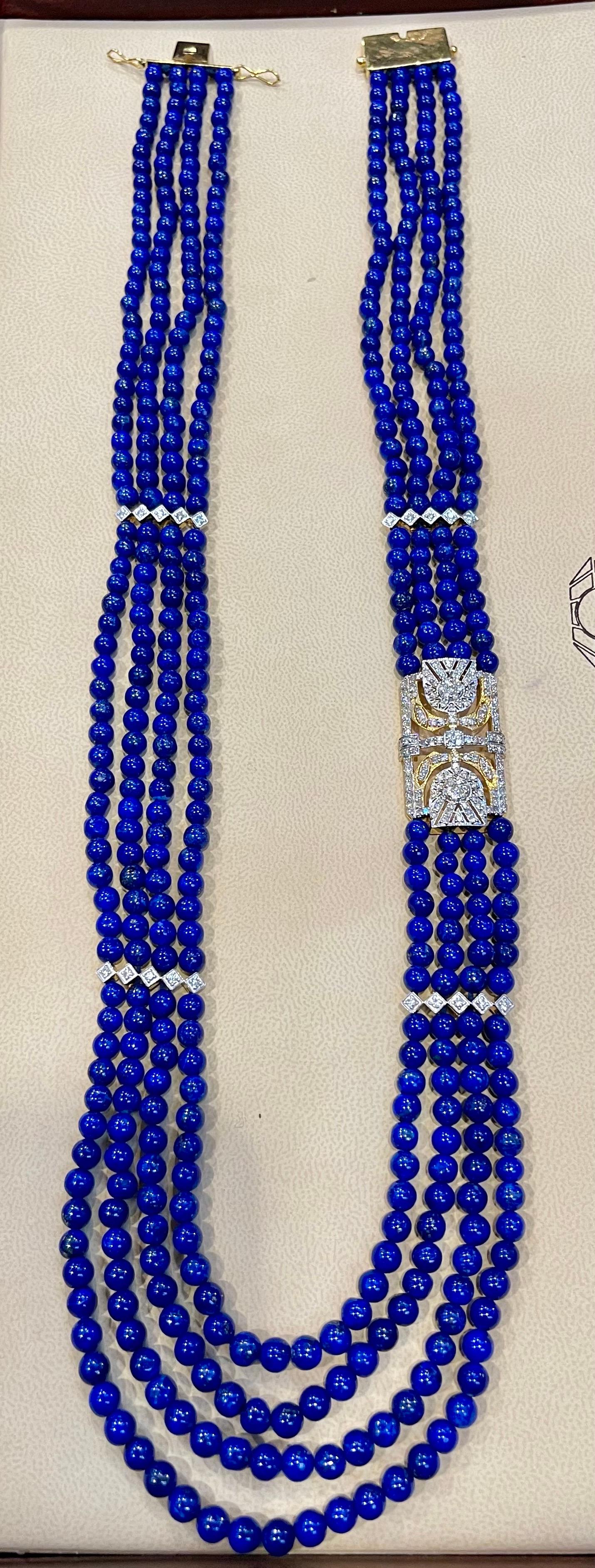 Vintage Lapis Lazuli Multi Strand Diamond Necklace 14 Kt Yellow Gold Clasp In Excellent Condition In New York, NY