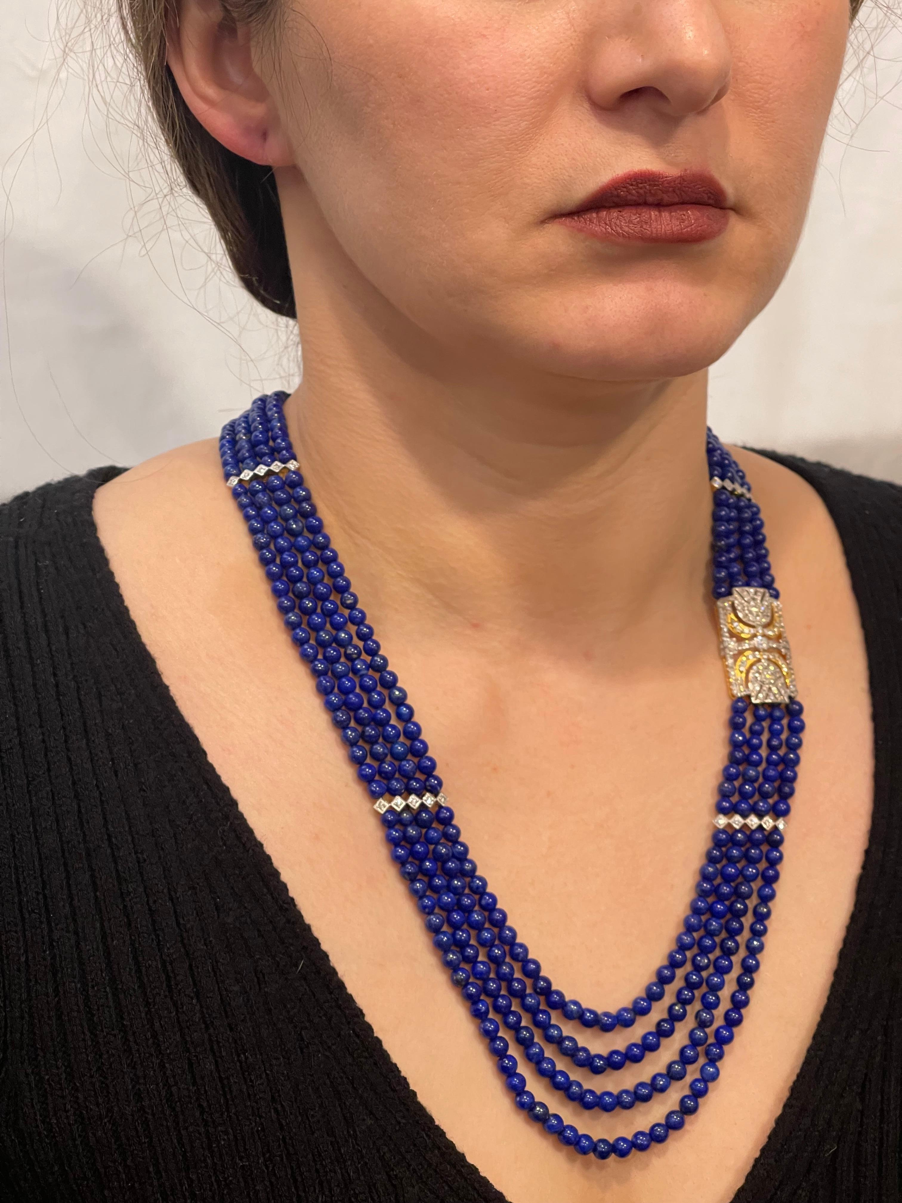 Women's Vintage Lapis Lazuli Multi Strand Diamond Necklace 14 Kt Yellow Gold Clasp