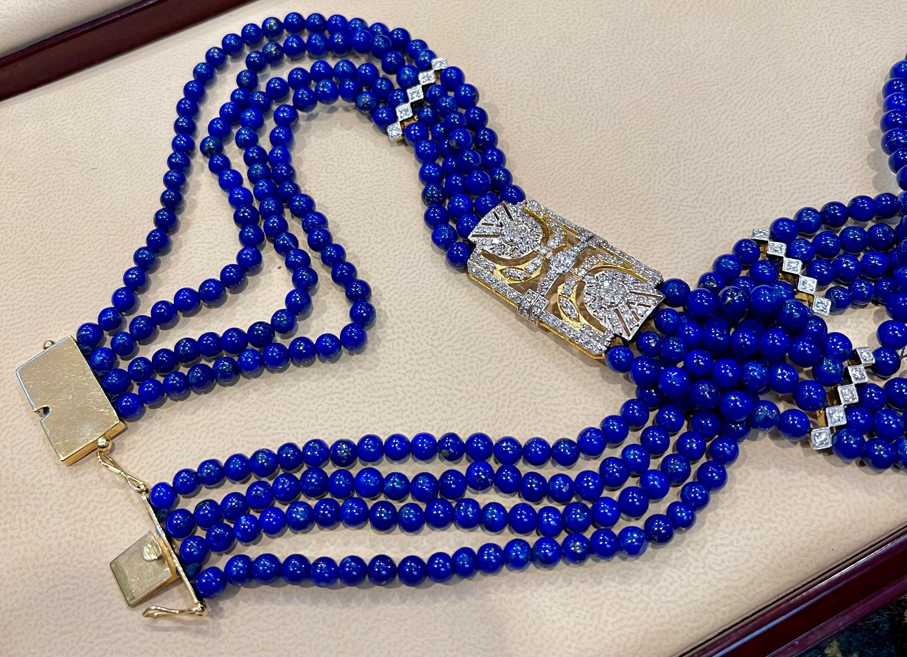 Vintage Lapis Lazuli Multi Strand Diamond Necklace 14 Kt Yellow Gold Clasp 1
