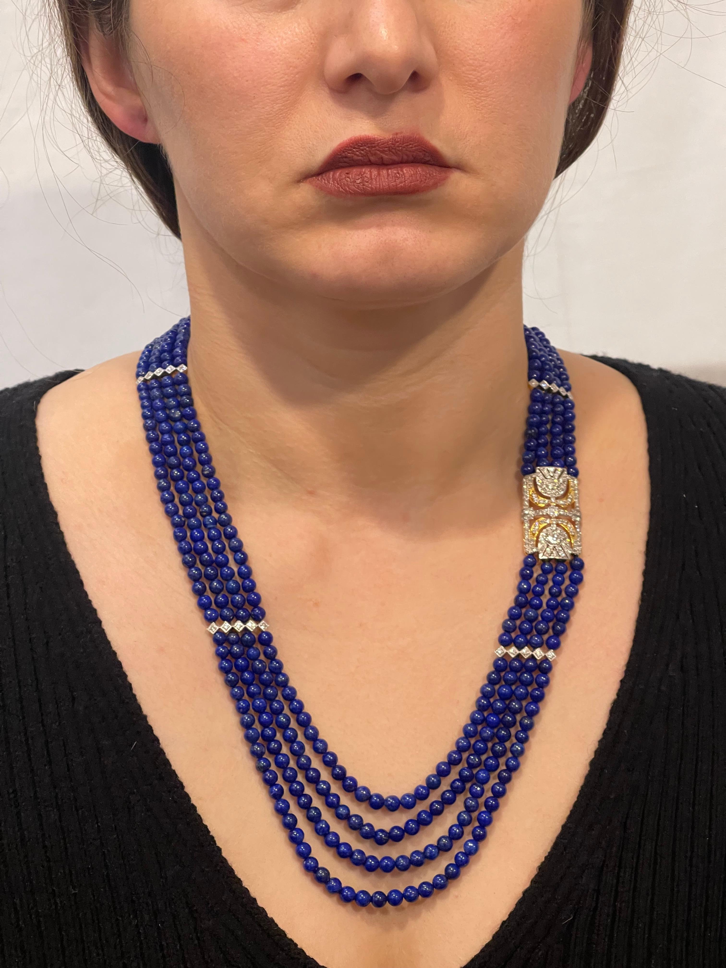 Vintage Lapis Lazuli Multi Strand Diamond Necklace 14 Kt Yellow Gold Clasp 2