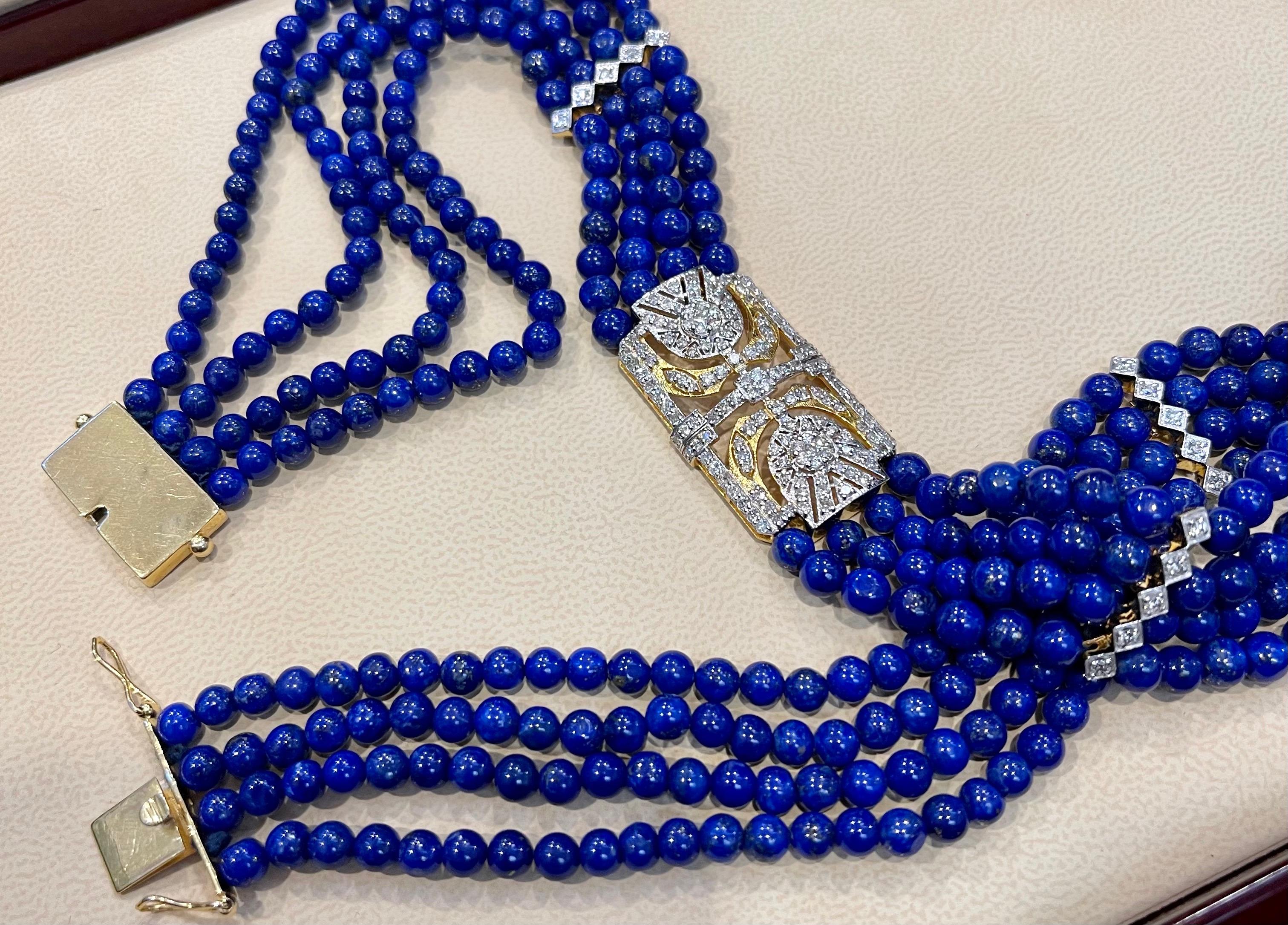 Vintage Lapis Lazuli Multi Strand Diamond Necklace 14 Kt Yellow Gold Clasp 3