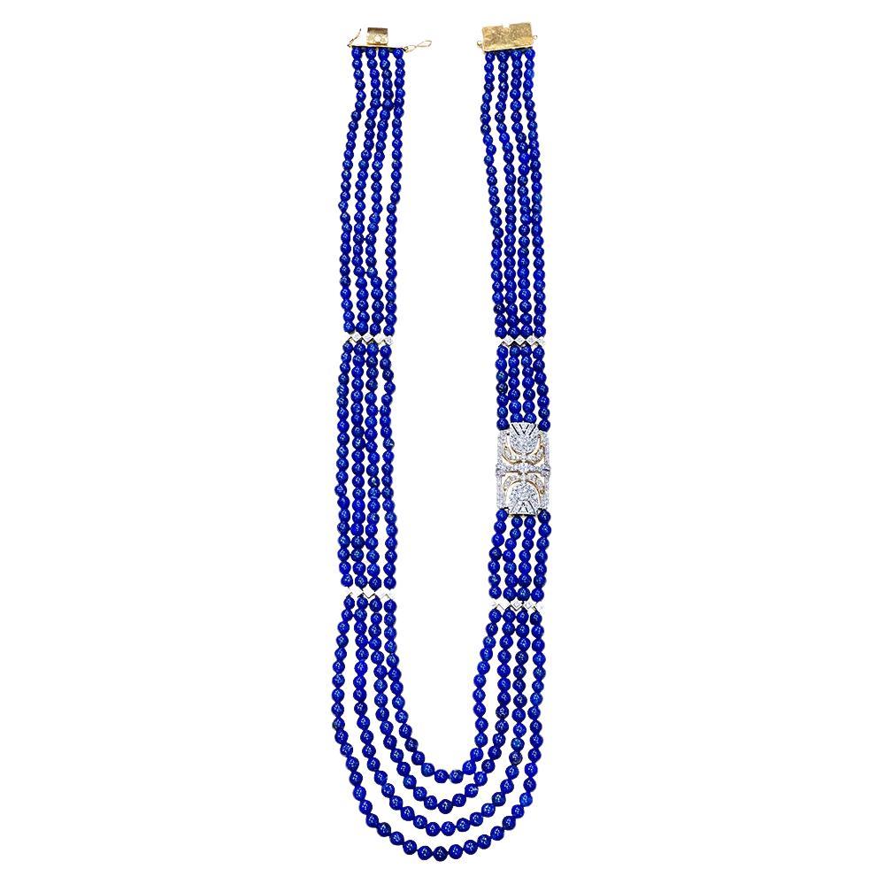 Vintage Lapis Lazuli Multi Strand Diamond Necklace 14 Kt Yellow Gold Clasp