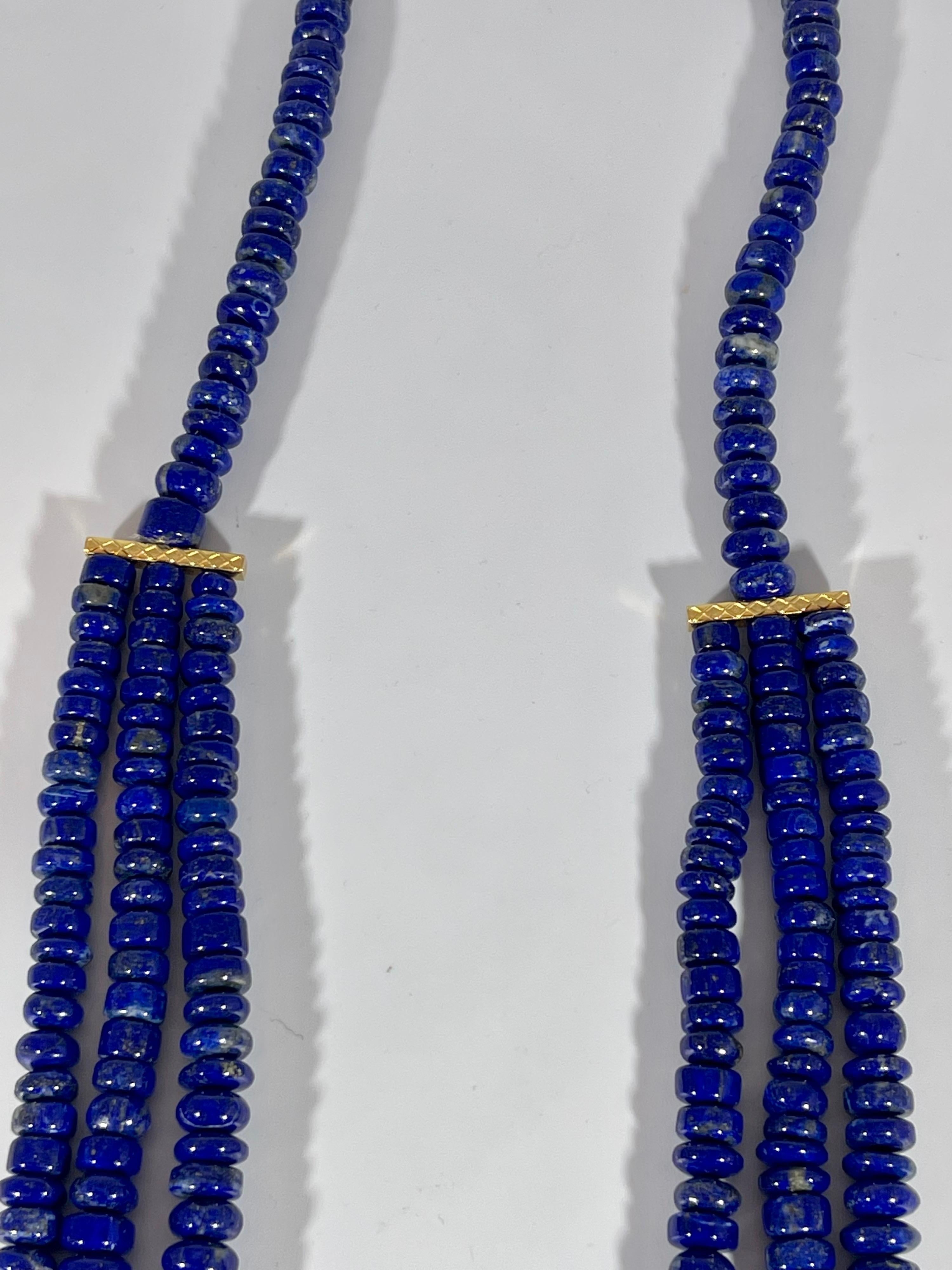 Vintage Lapis Lazuli Multi Strand Necklace 14 Kt Yellow Gold In Excellent Condition In New York, NY