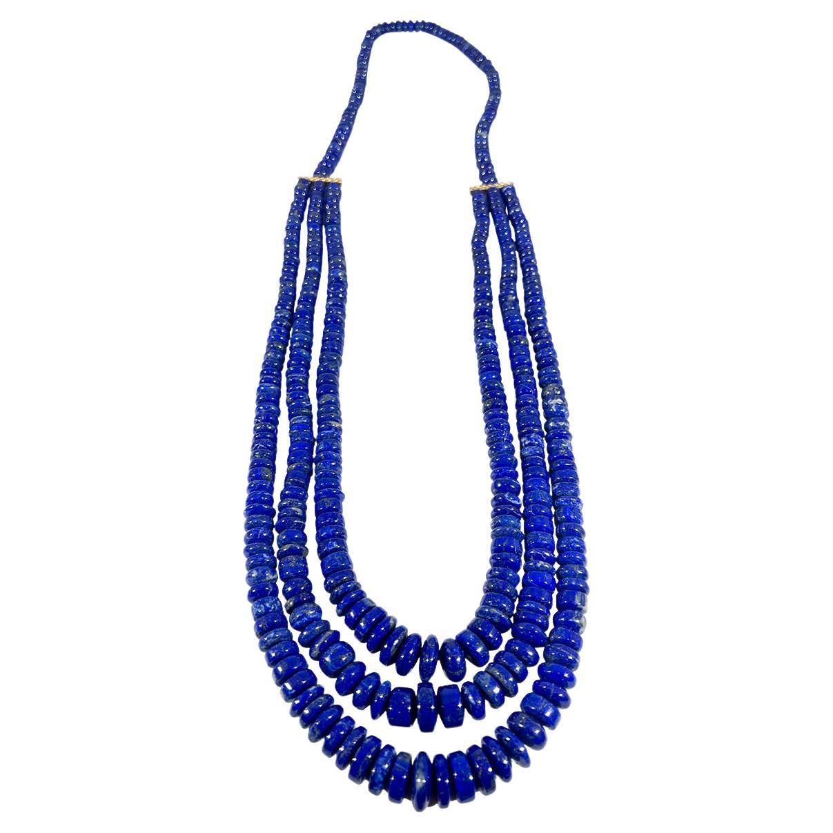 Vintage Lapis Lazuli Multi Strand Necklace 14 Kt Yellow Gold