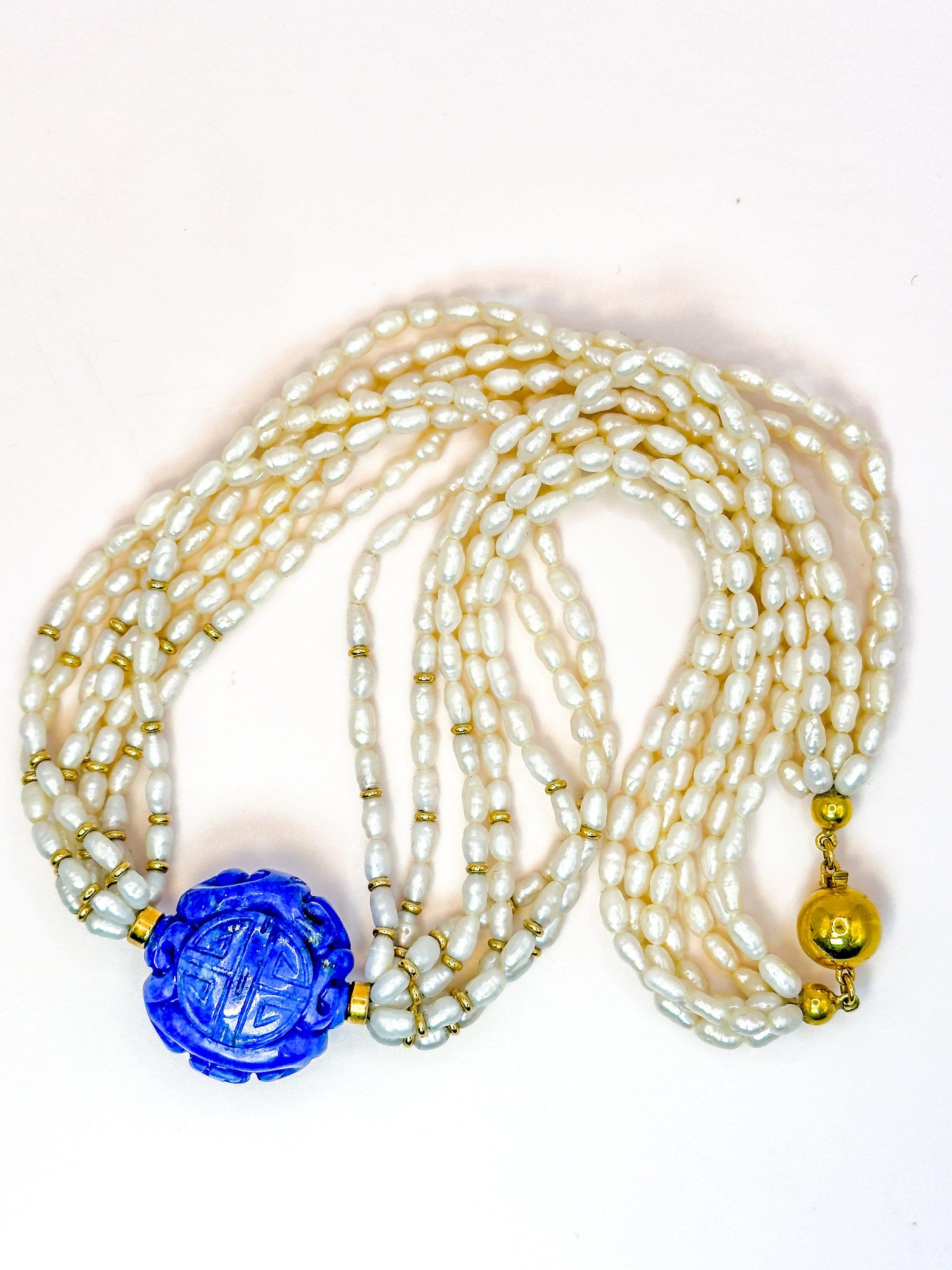 Art déco Collier vintage en lapis-lazuli et perles en vente