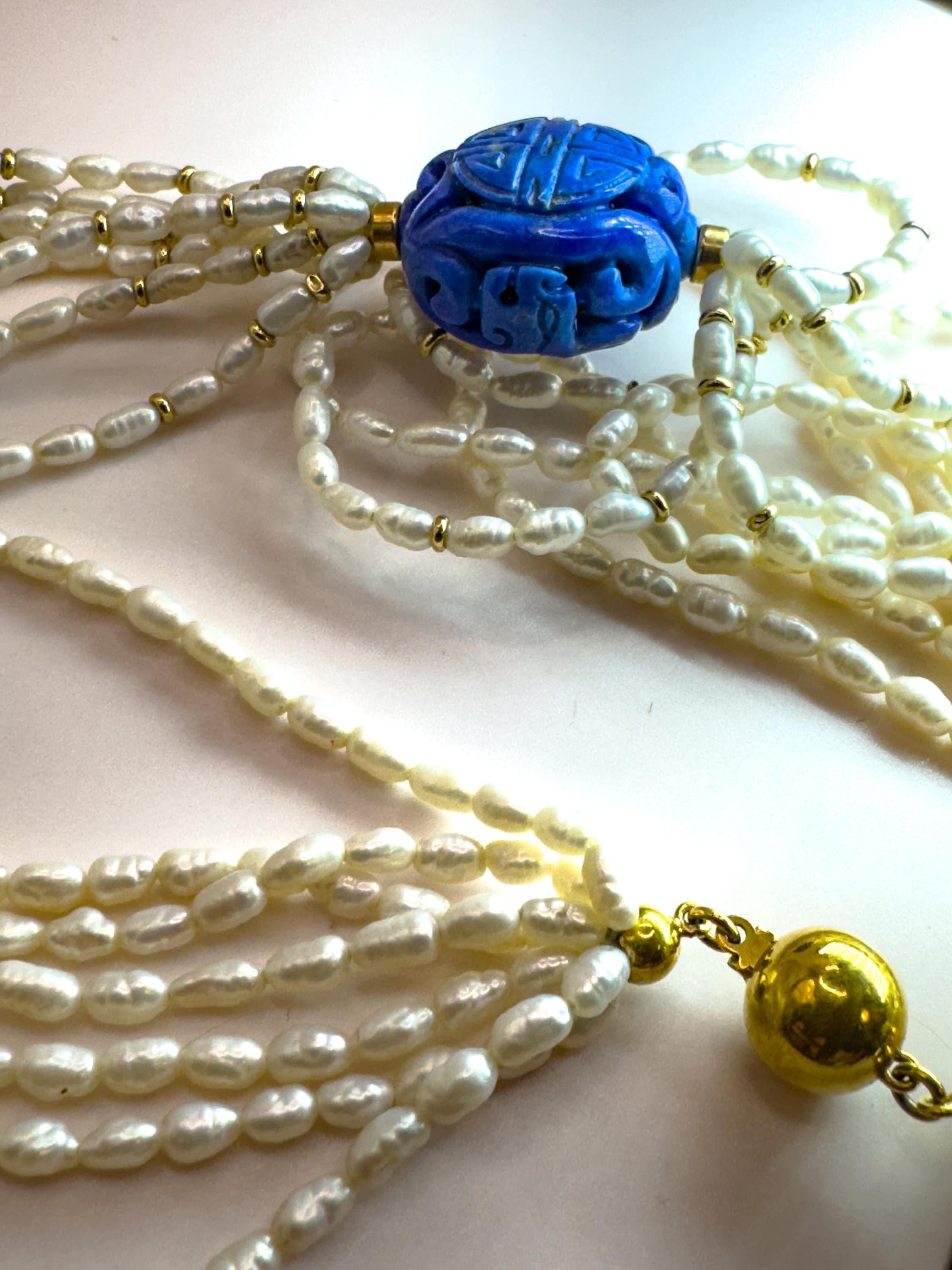 Collier vintage en lapis-lazuli et perles en vente 1
