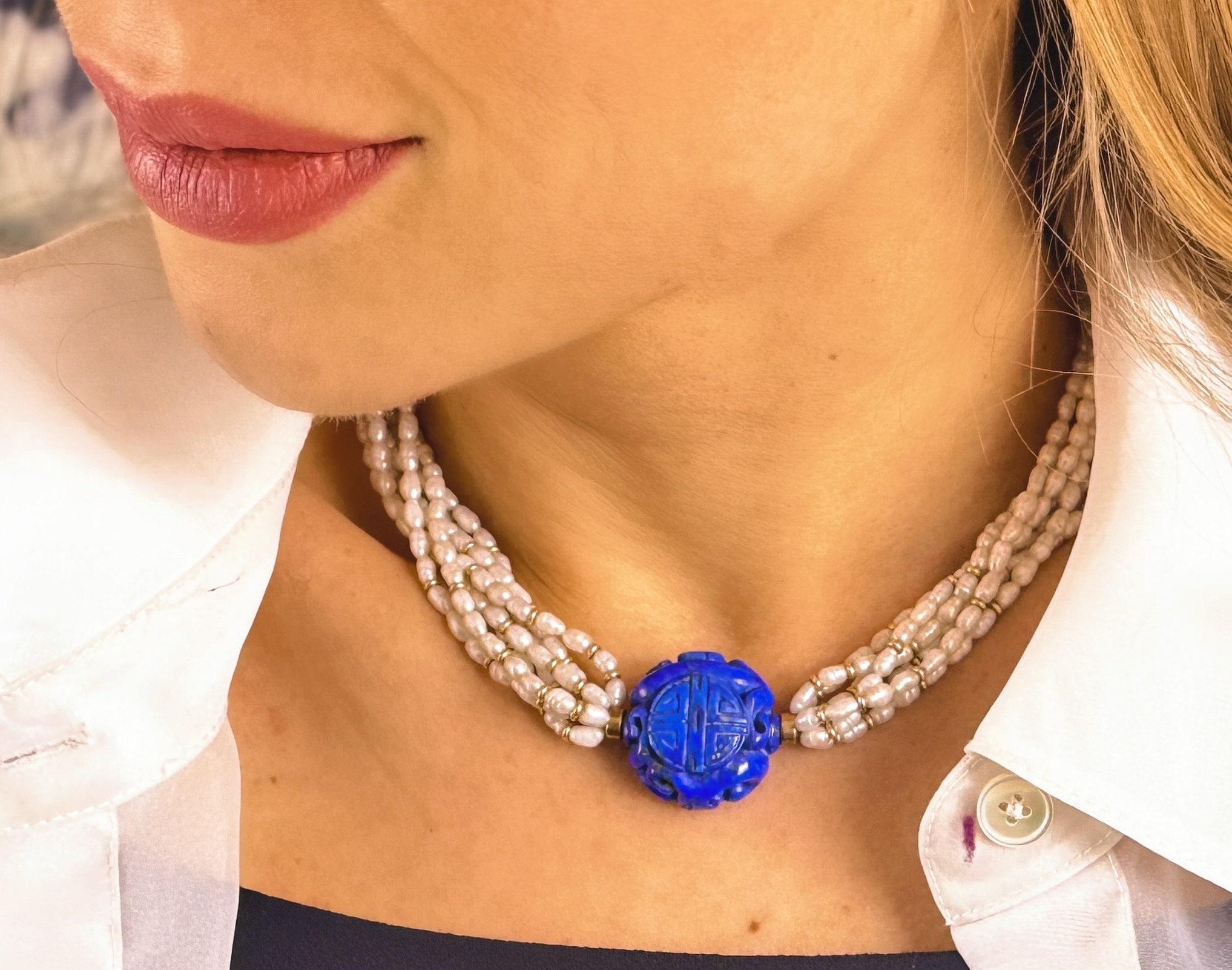 Collier vintage en lapis-lazuli et perles en vente 3