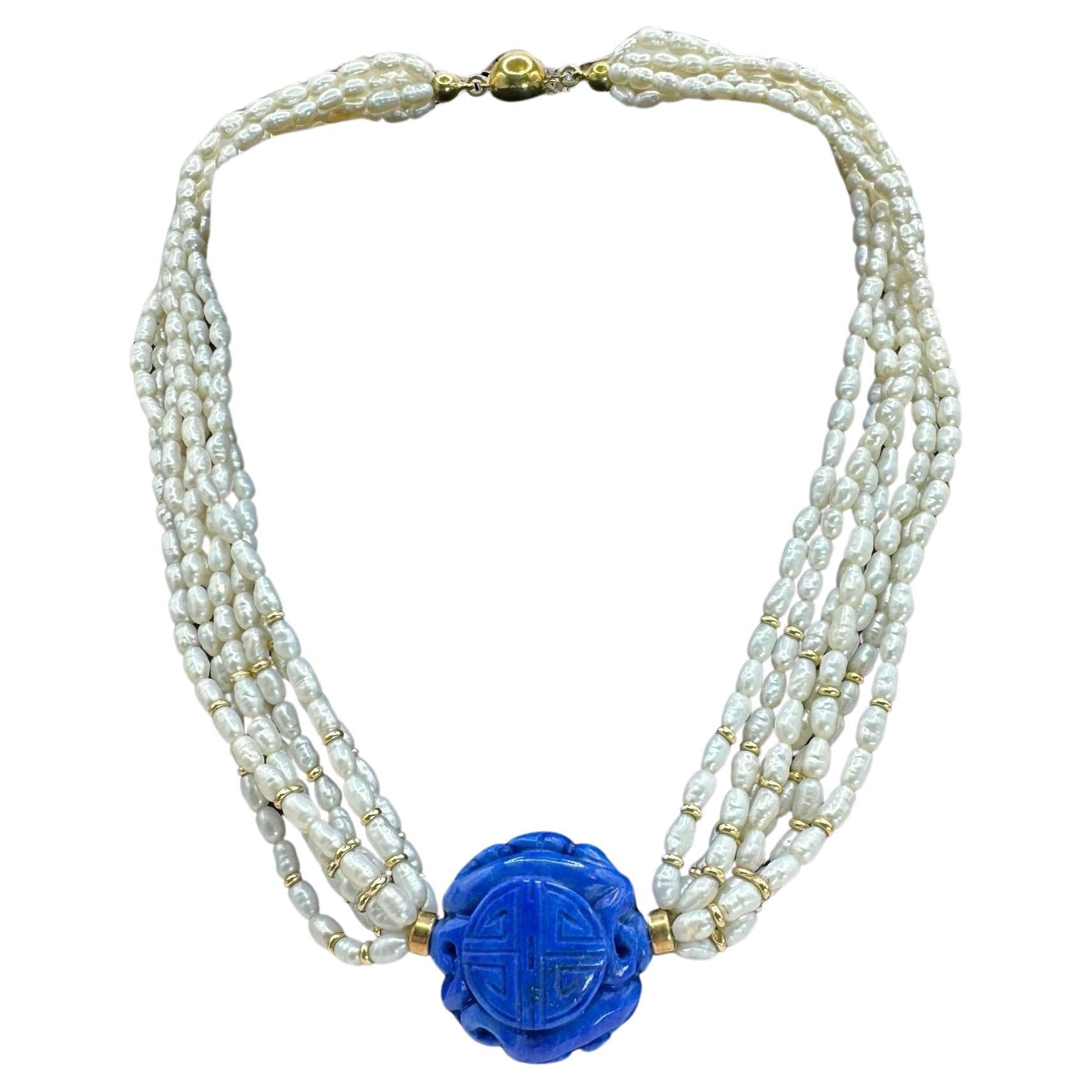 Collier vintage en lapis-lazuli et perles en vente