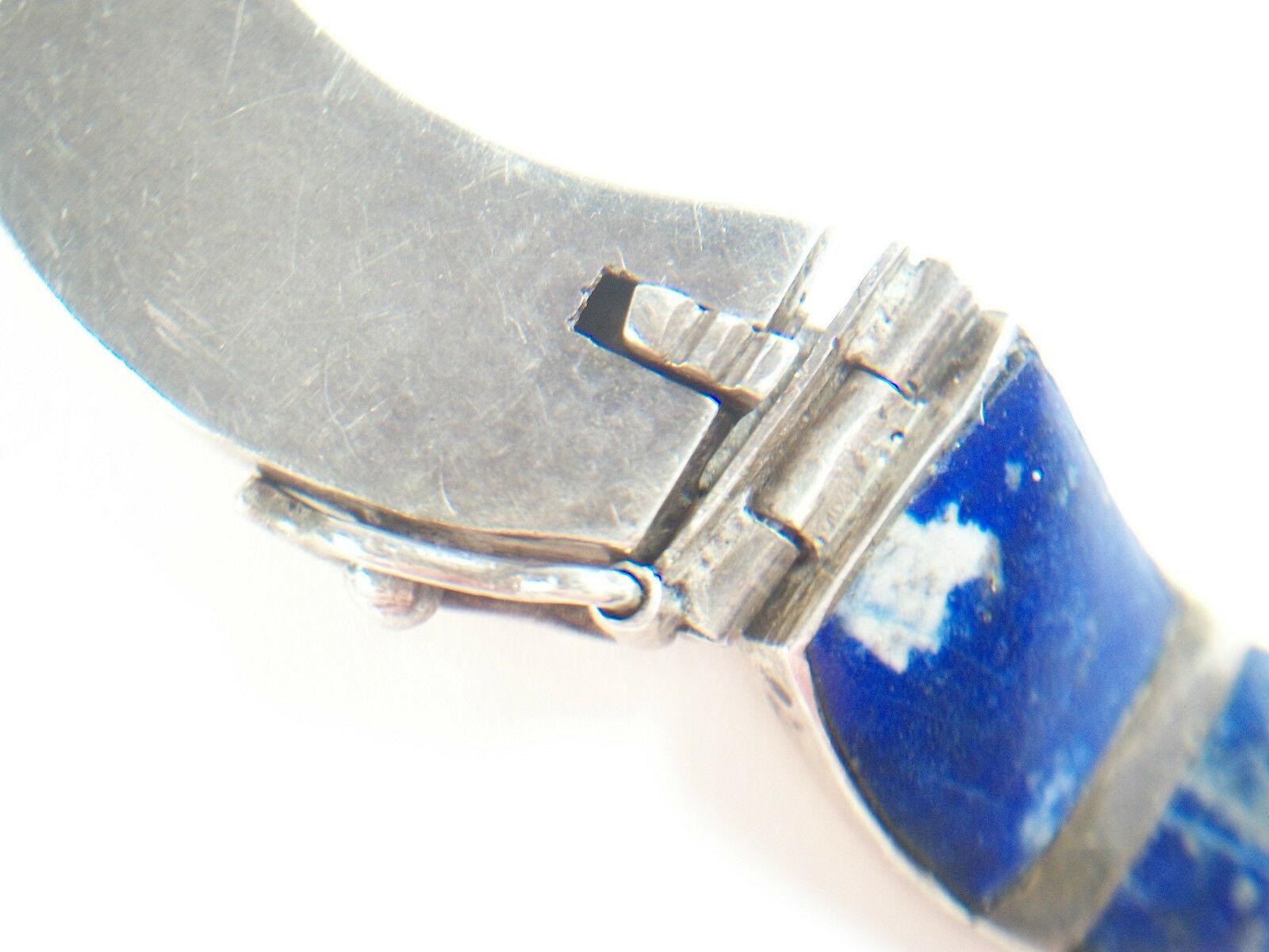 Vintage Lapis Lazuli & Silver Bracelet, 980 Silver, Mexico, Mid-20th Century For Sale 3