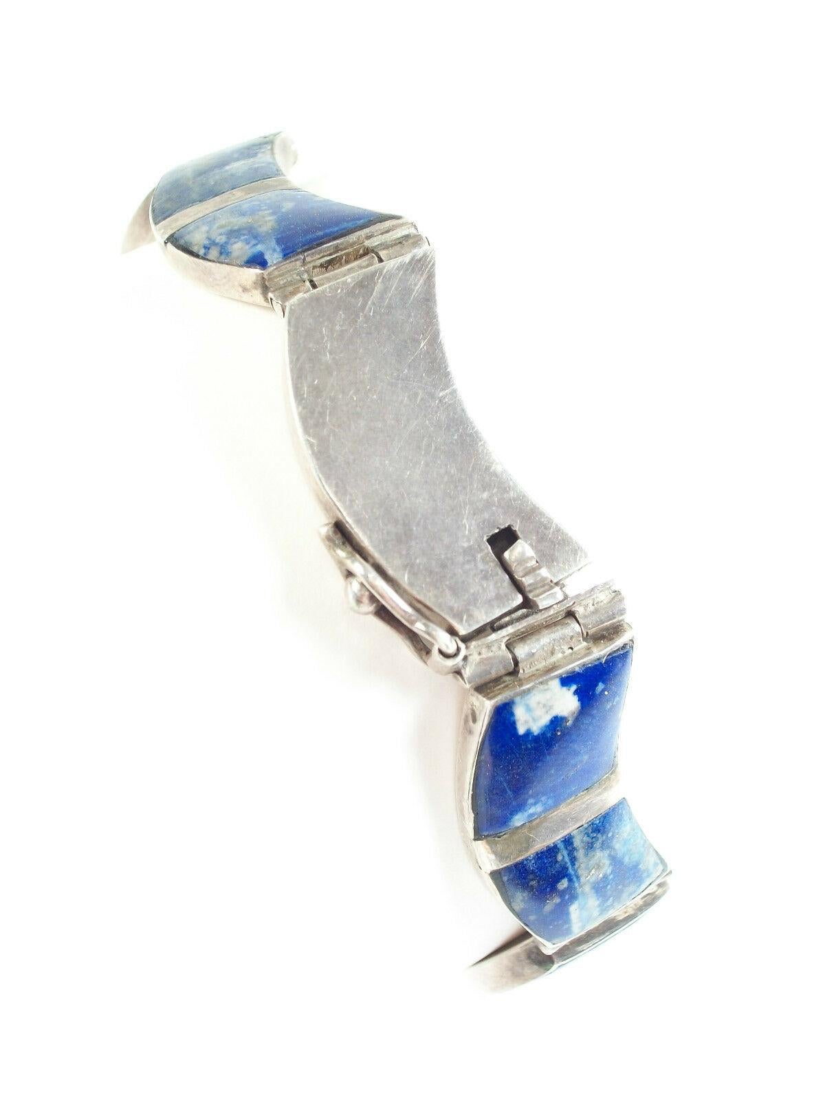 Vintage Lapis Lazuli & Silver Bracelet, 980 Silver, Mexico, Mid-20th Century For Sale 2