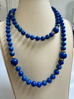Vintage Lapis Lazuli Single Strand Necklace 14 Kt Roundel Yellow Gold , 32 Inch