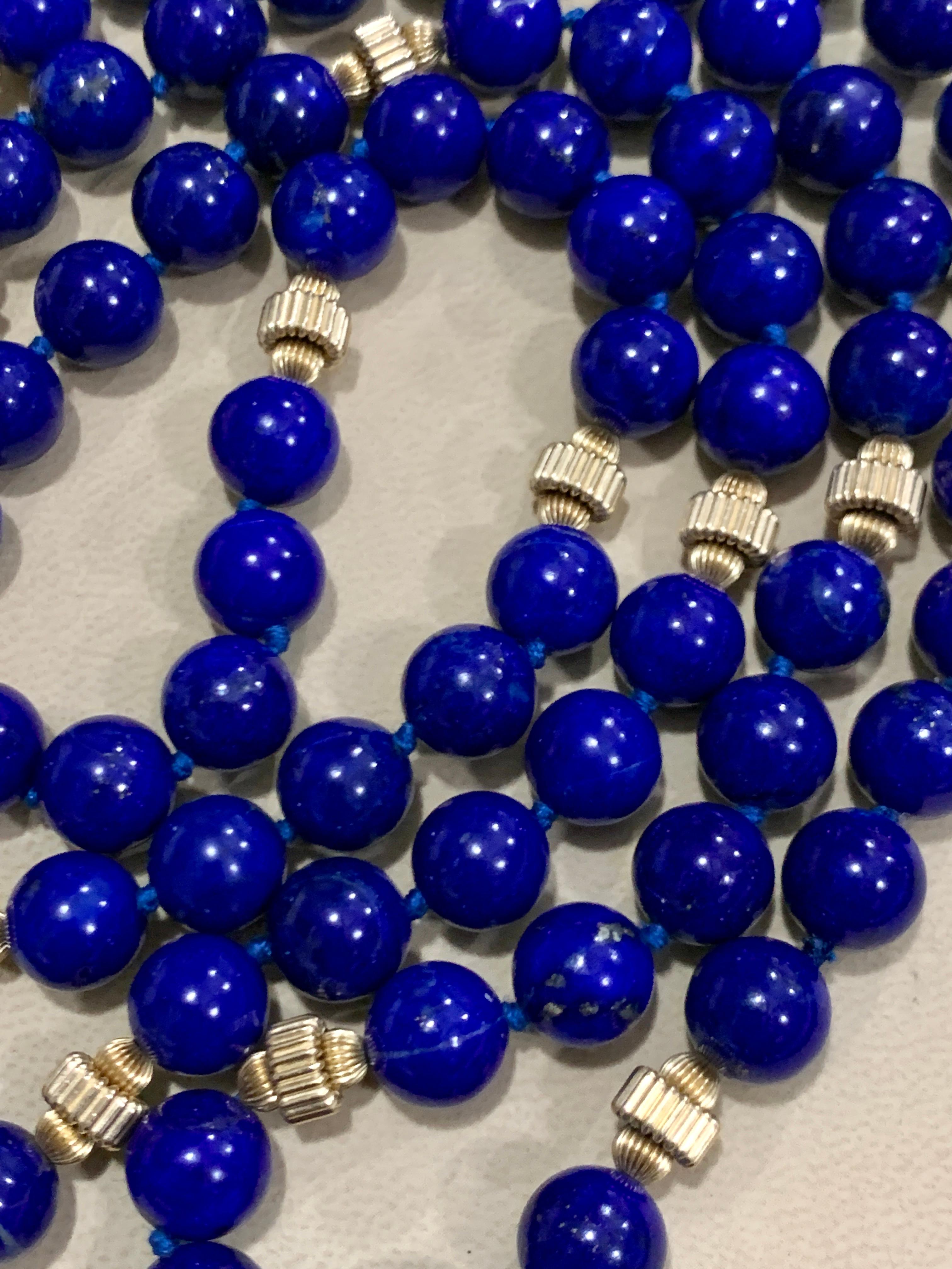 Vintage Lapis Lazuli einzelne lange Strang Halskette mit 14 Karat Gelbgold Perle 5