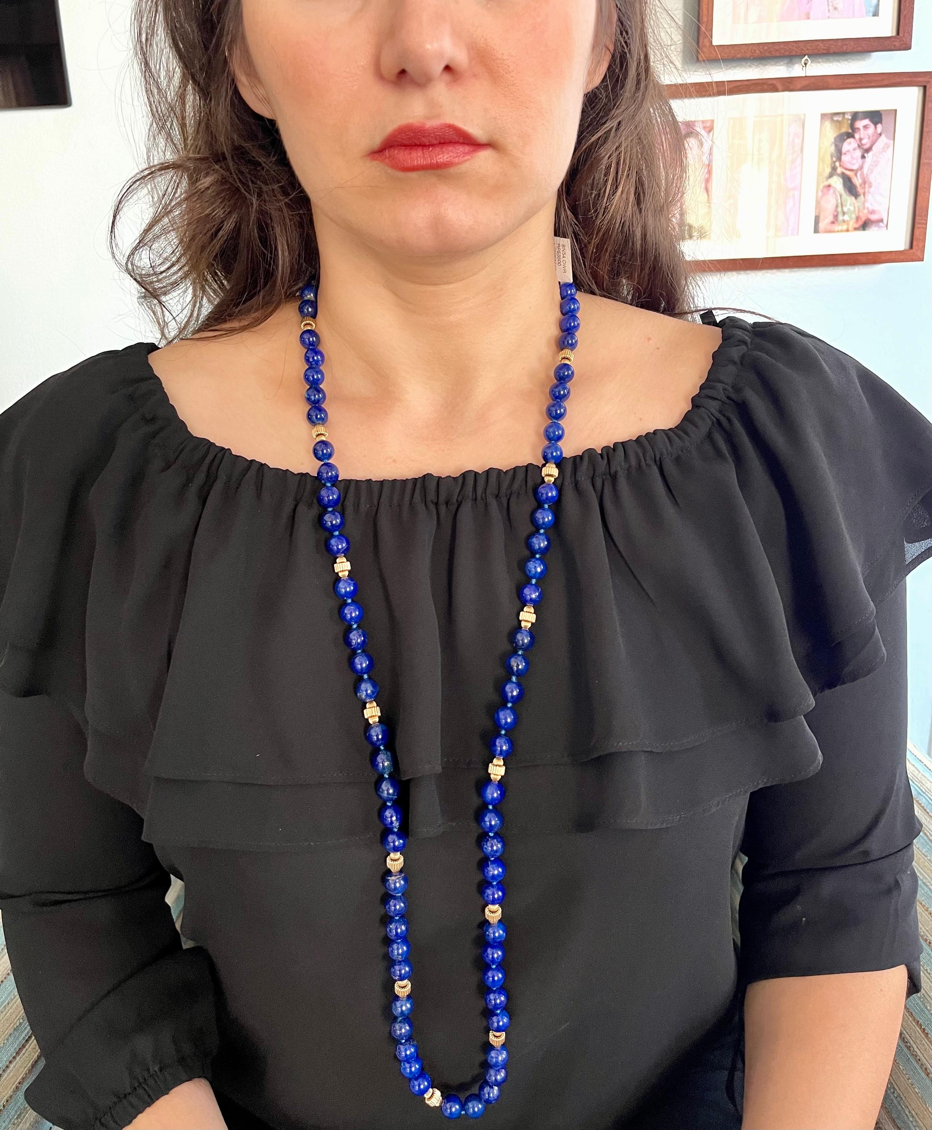 Vintage Lapis Lazuli einzelne lange Strang Halskette mit 14 Karat Gelbgold Perle 6