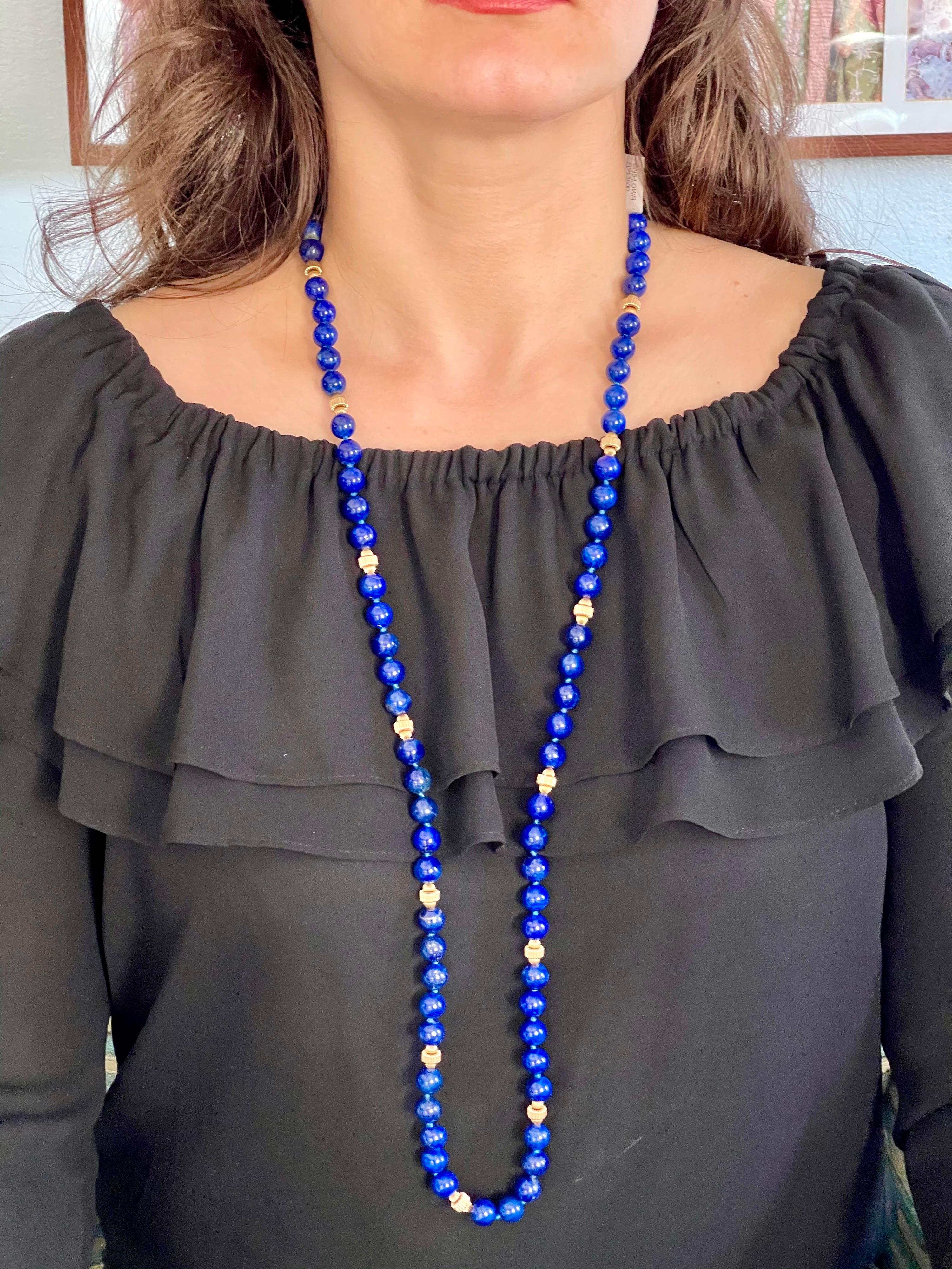 Vintage Lapis Lazuli einzelne lange Strang Halskette mit 14 Karat Gelbgold Perle 7