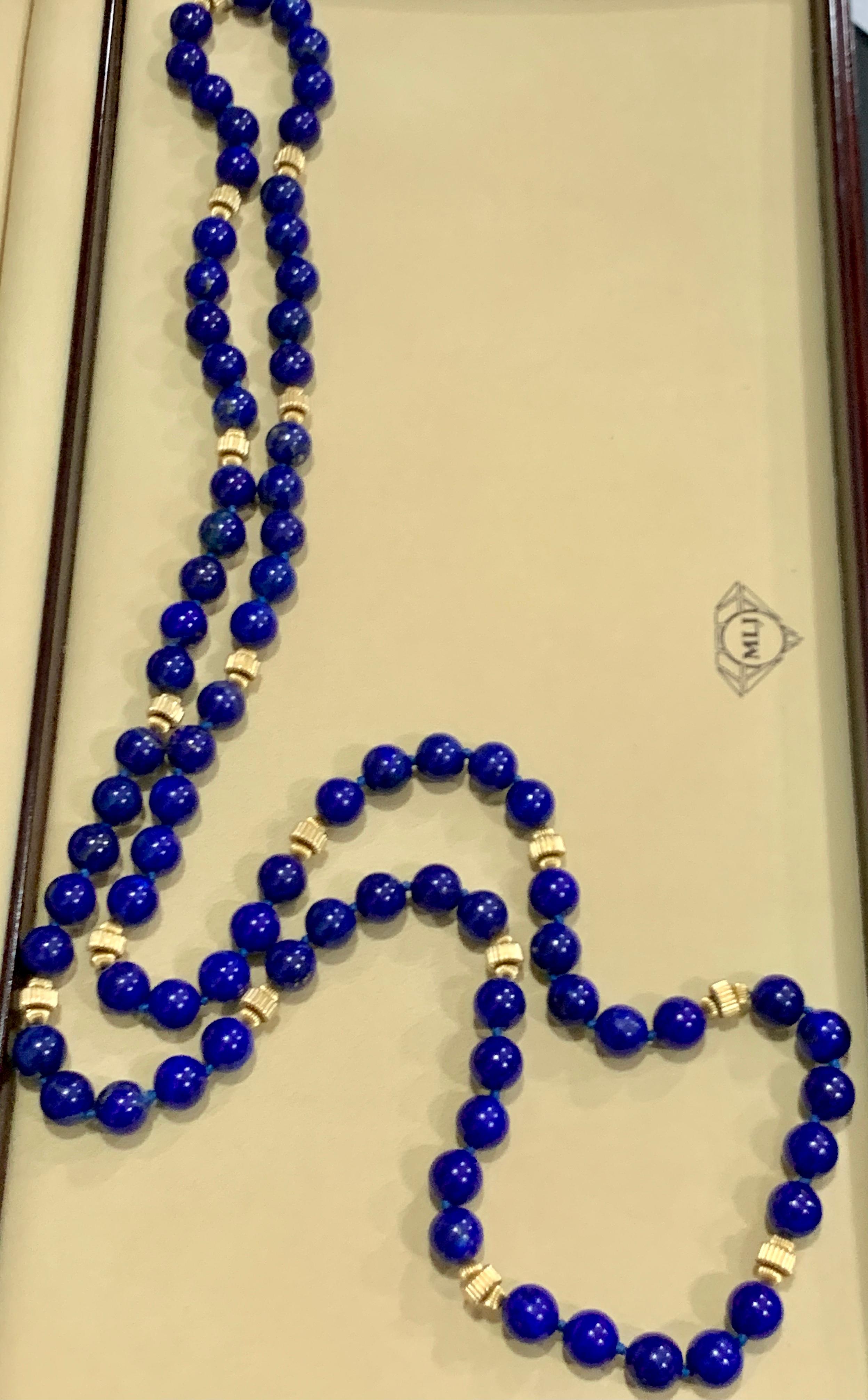 Vintage Lapis Lazuli einzelne lange Strang Halskette mit 14 Karat Gelbgold Perle 3