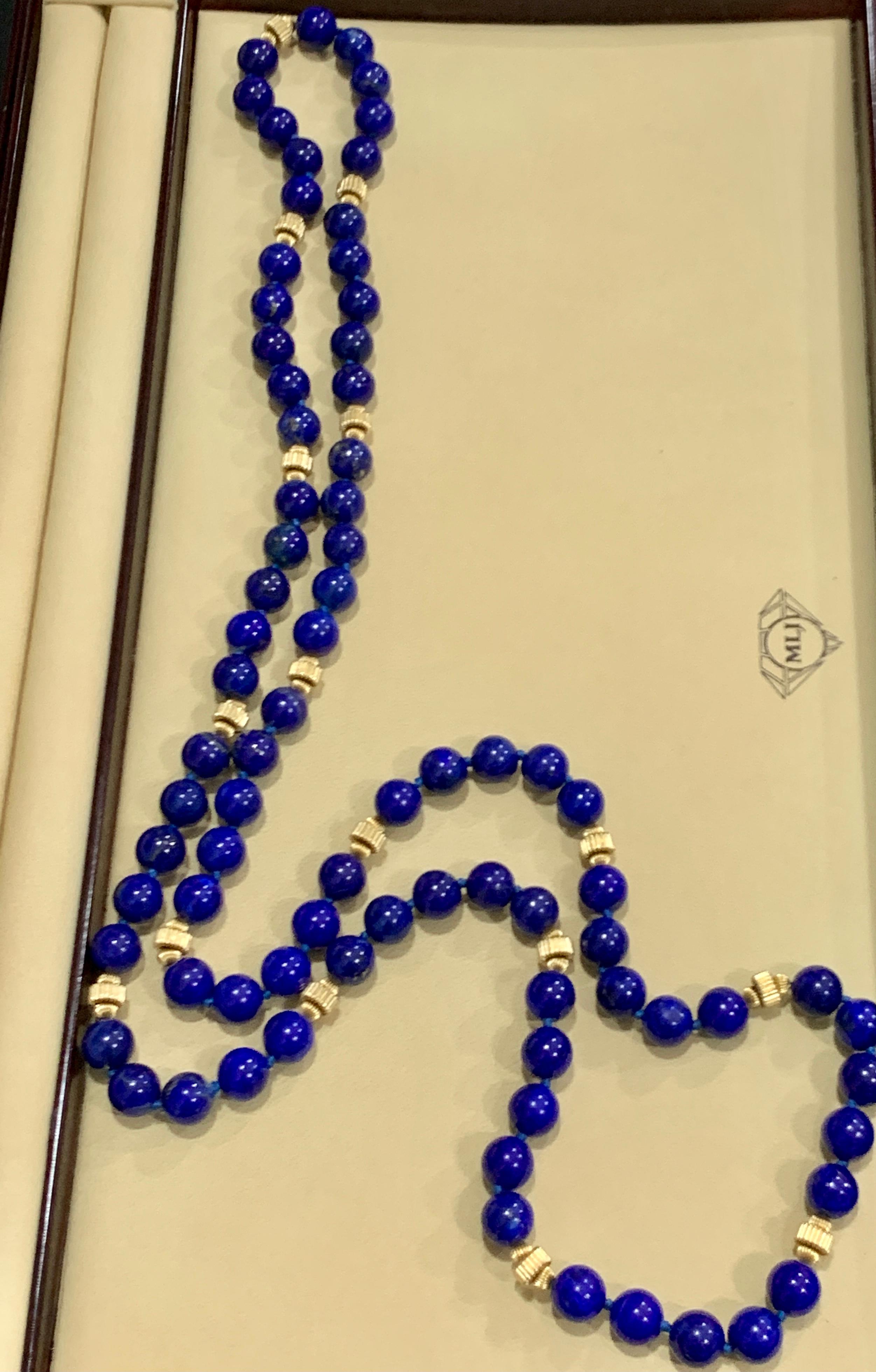 Vintage Lapis Lazuli einzelne lange Strang Halskette mit 14 Karat Gelbgold Perle 4